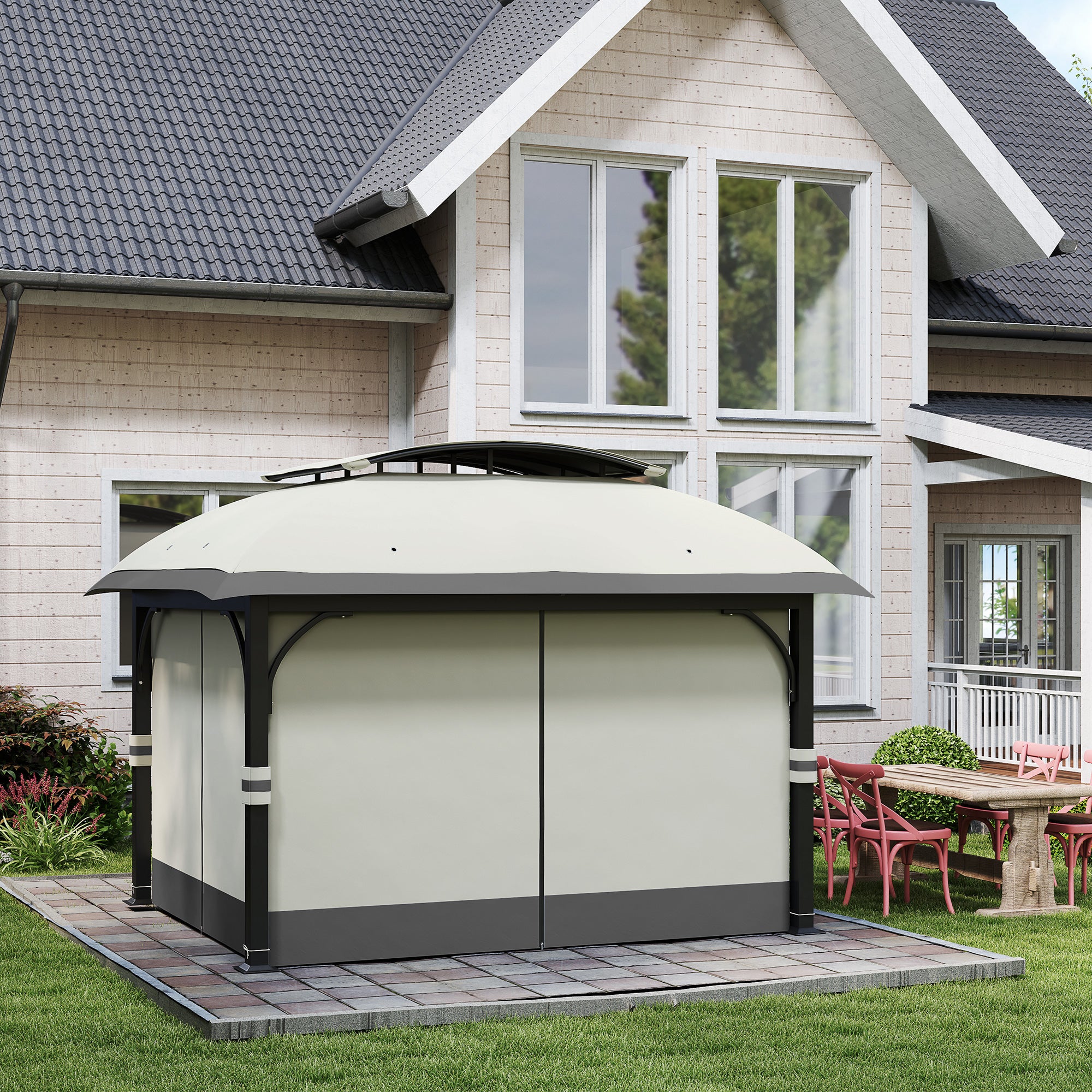 Outsunny 11' x 13' Patio Gazebo, Double Roof Outdoor Gazebo Canopy Shelter with Netting & Curtains, Galvanized Metal Frame for Garden, Lawn, Backyard and Deck, Light Grey