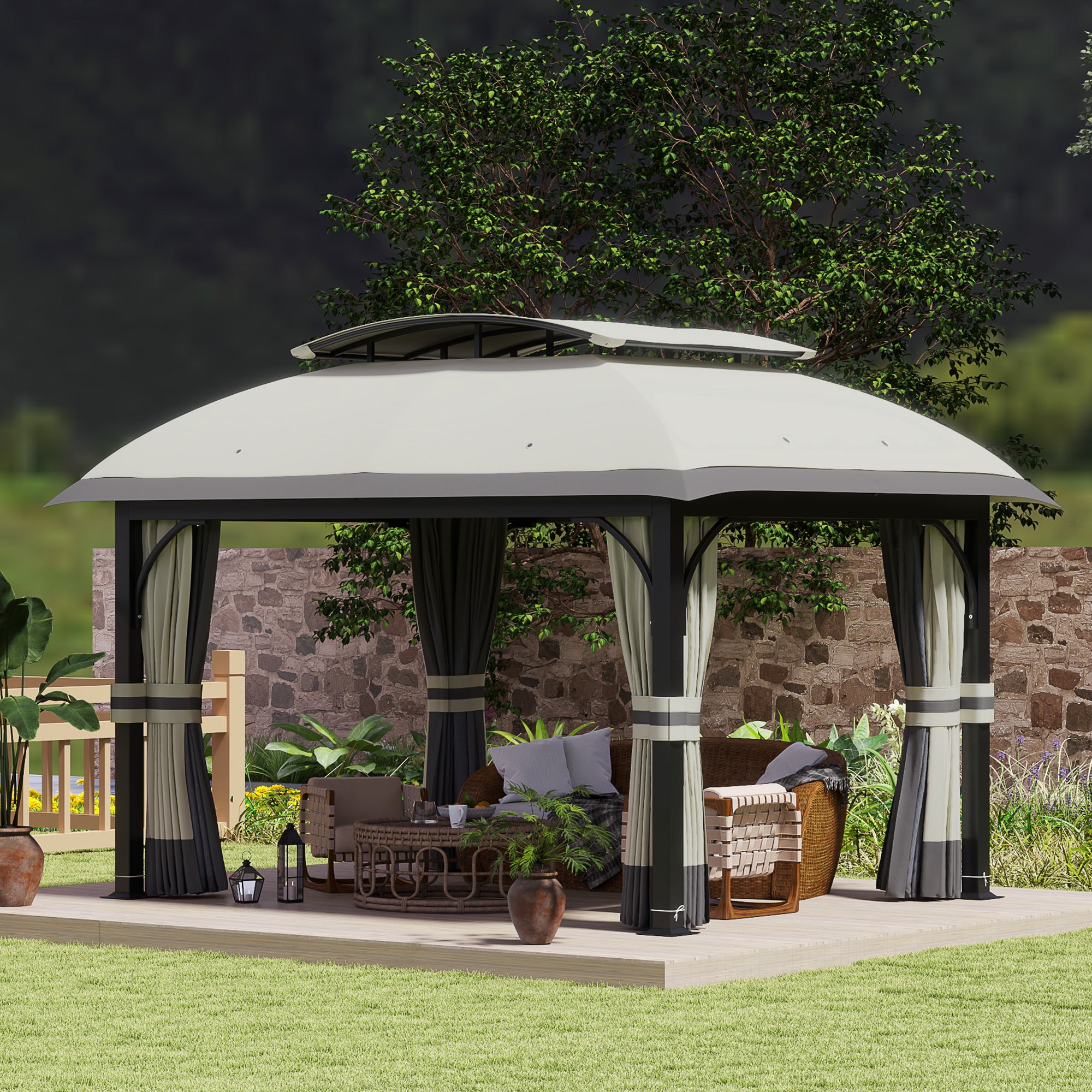 Outsunny 11' x 13' Patio Gazebo, Double Roof Outdoor Gazebo Canopy Shelter with Netting & Curtains, Galvanized Metal Frame for Garden, Lawn, Backyard and Deck, Light Grey