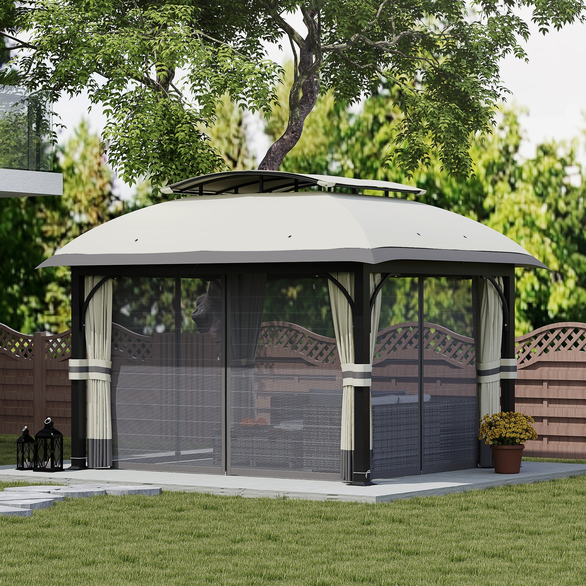 Outsunny 11' x 13' Patio Gazebo, Double Roof Outdoor Gazebo Canopy Shelter with Netting & Curtains, Galvanized Metal Frame for Garden, Lawn, Backyard and Deck, Light Grey