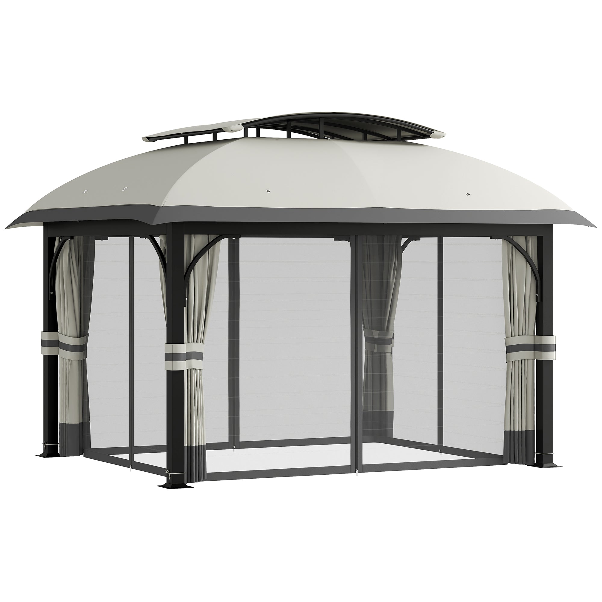Outsunny 11' x 13' Patio Gazebo, Double Roof Outdoor Gazebo Canopy Shelter with Netting & Curtains, Galvanized Metal Frame for Garden, Lawn, Backyard and Deck, Light Grey