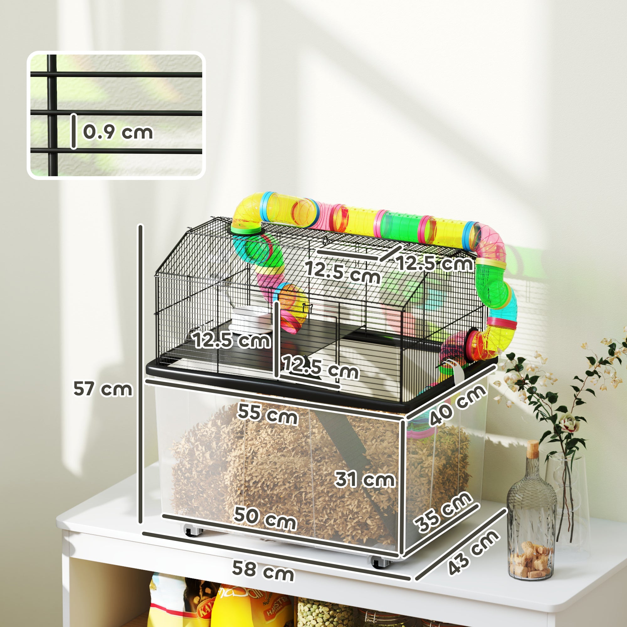 PawHut Hamster Cage with 31cm Deep Tray, 2 Tier Gerbil Cage with Tube System, Water Bottle, Ramp, Feeding Bowl, 58 x 43 x 57cm, Multicolour