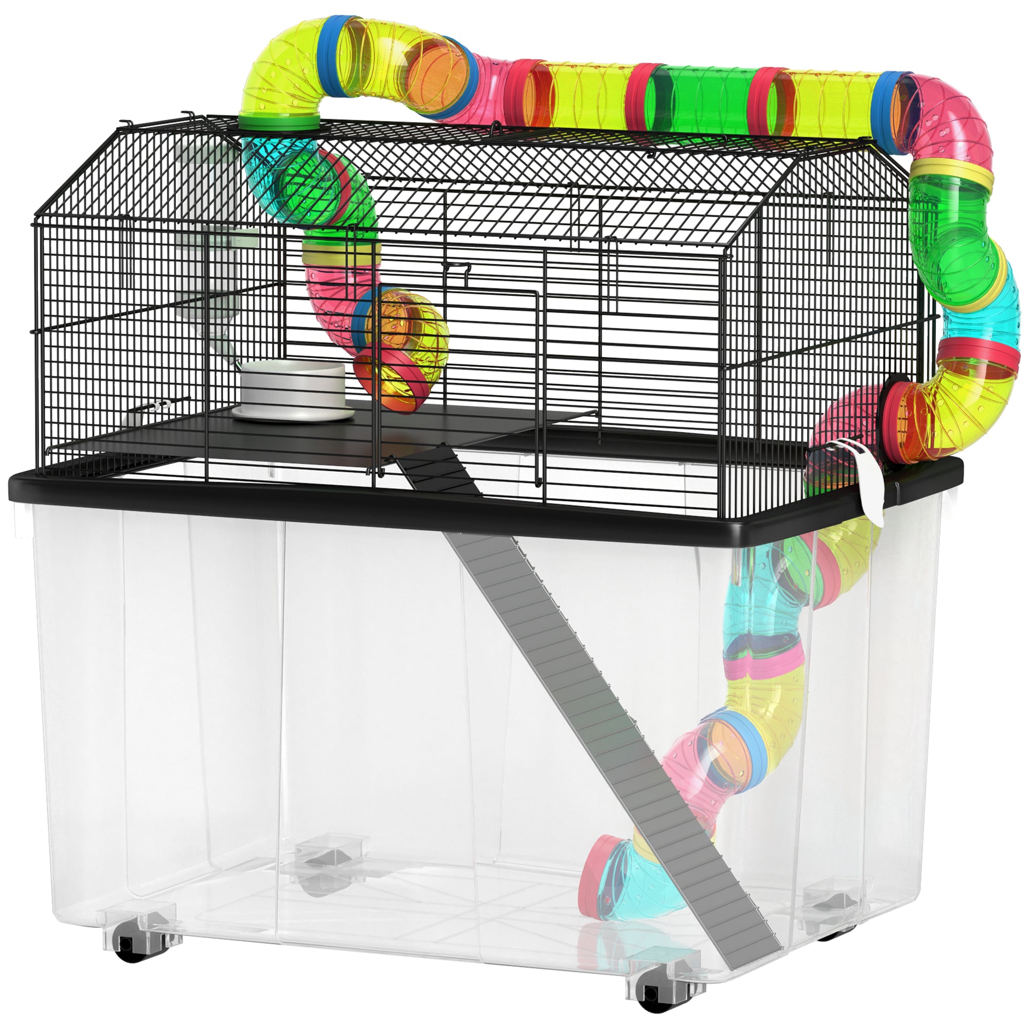 PawHut Hamster Cage with 31cm Deep Tray, 2 Tier Gerbil Cage with Tube System, Water Bottle, Ramp, Feeding Bowl, 58 x 43 x 57cm, Multicolour