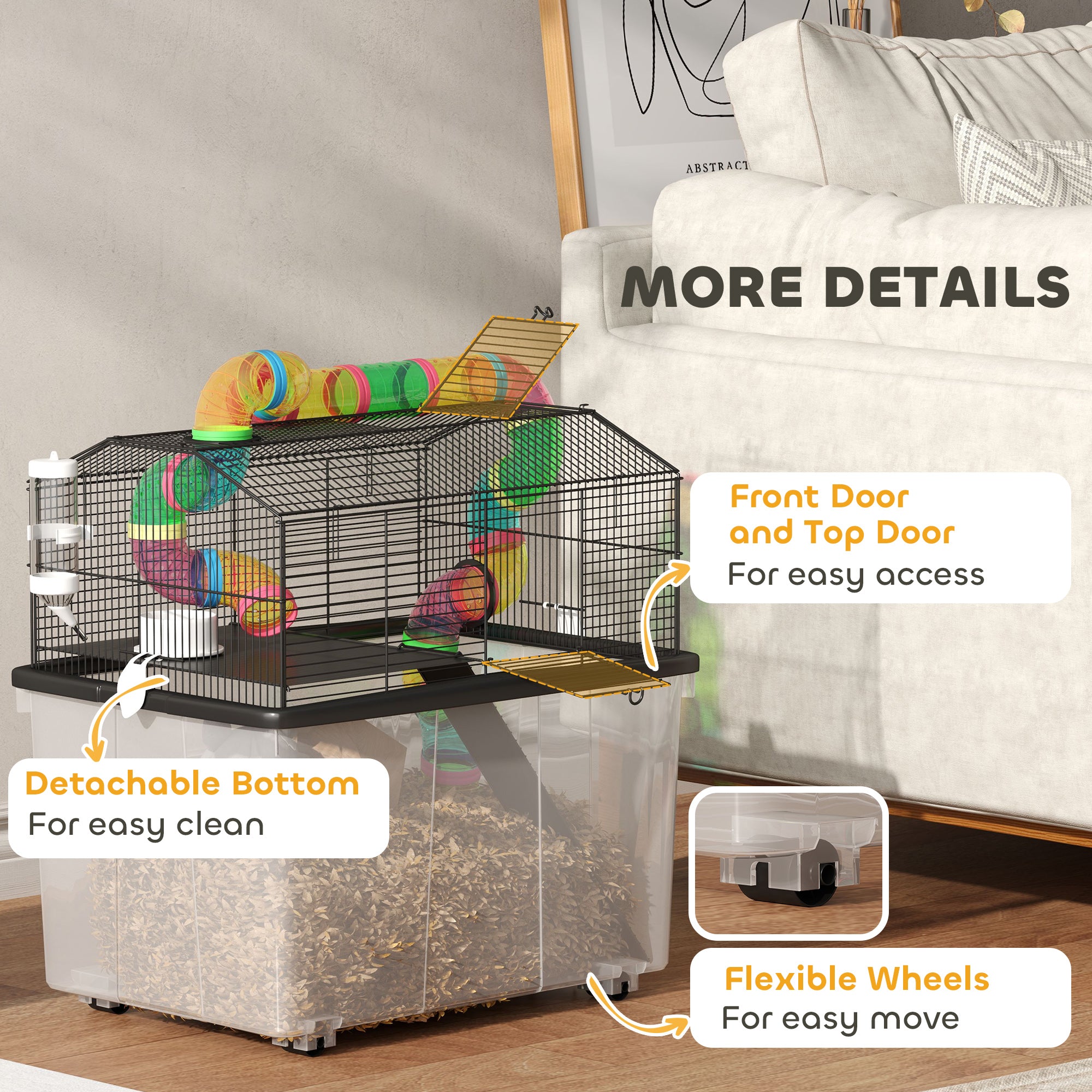PawHut Hamster Cage with 31cm Deep Tray, 2 Tier Gerbil Cage with Tube System, Water Bottle, Ramp, Feeding Bowl, 58 x 43 x 57cm, Multicolour
