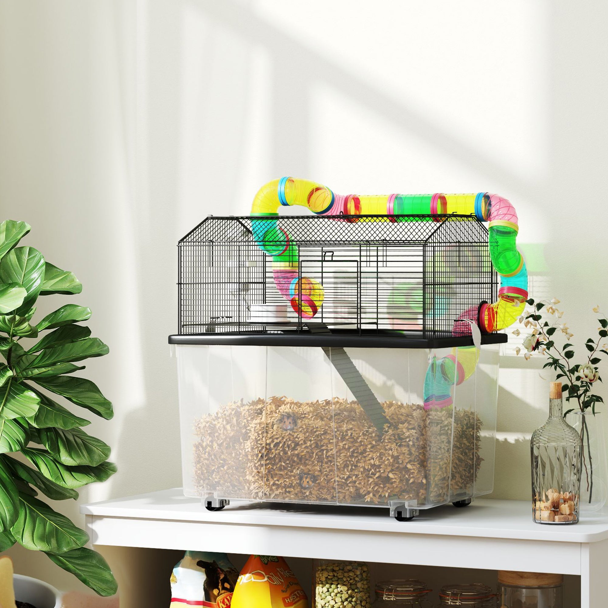 PawHut Hamster Cage with 31cm Deep Tray, 2 Tier Gerbil Cage with Tube System, Water Bottle, Ramp, Feeding Bowl, 58 x 43 x 57cm, Multicolour