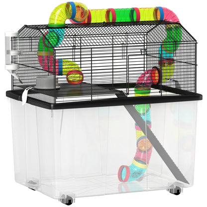 PawHut Hamster Cage with 31cm Deep Tray, 2 Tier Gerbil Cage with Tube System, Water Bottle, Ramp, Feeding Bowl, 58 x 43 x 57cm, Multicolour