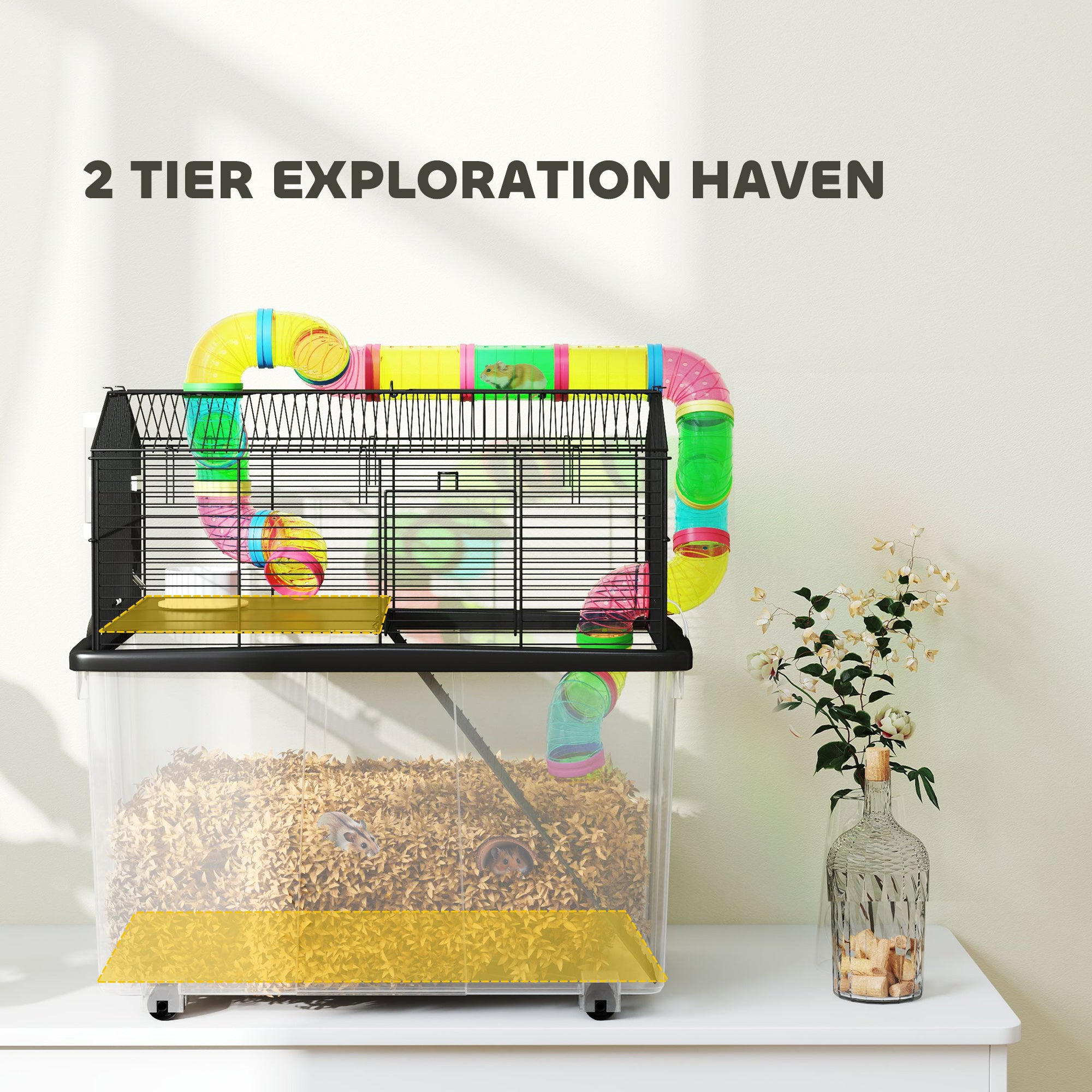 PawHut Hamster Cage with 31cm Deep Tray, 2 Tier Gerbil Cage with Tube System, Water Bottle, Ramp, Feeding Bowl, 58 x 43 x 57cm, Multicolour