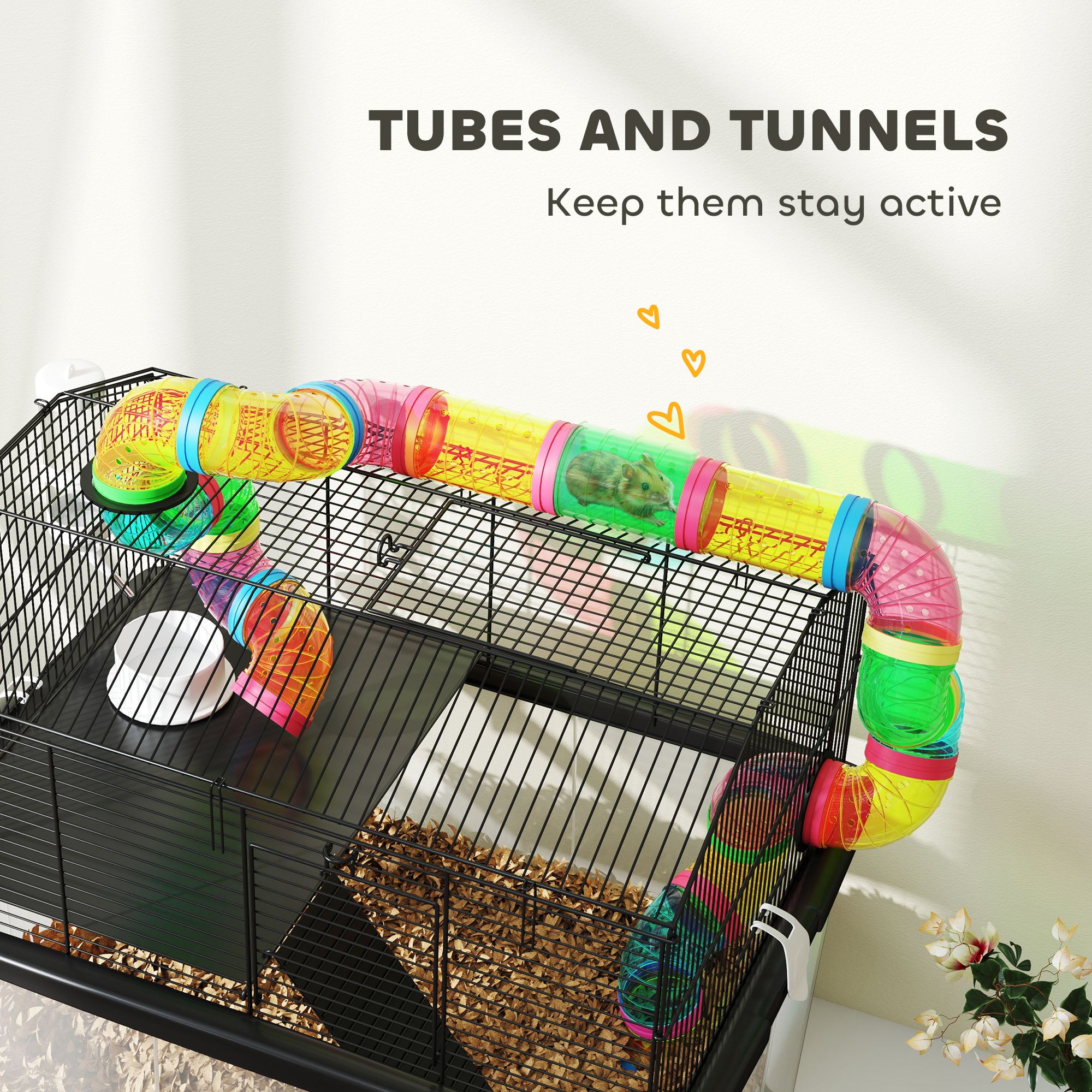 PawHut Hamster Cage with 31cm Deep Tray, 2 Tier Gerbil Cage with Tube System, Water Bottle, Ramp, Feeding Bowl, 58 x 43 x 57cm, Multicolour