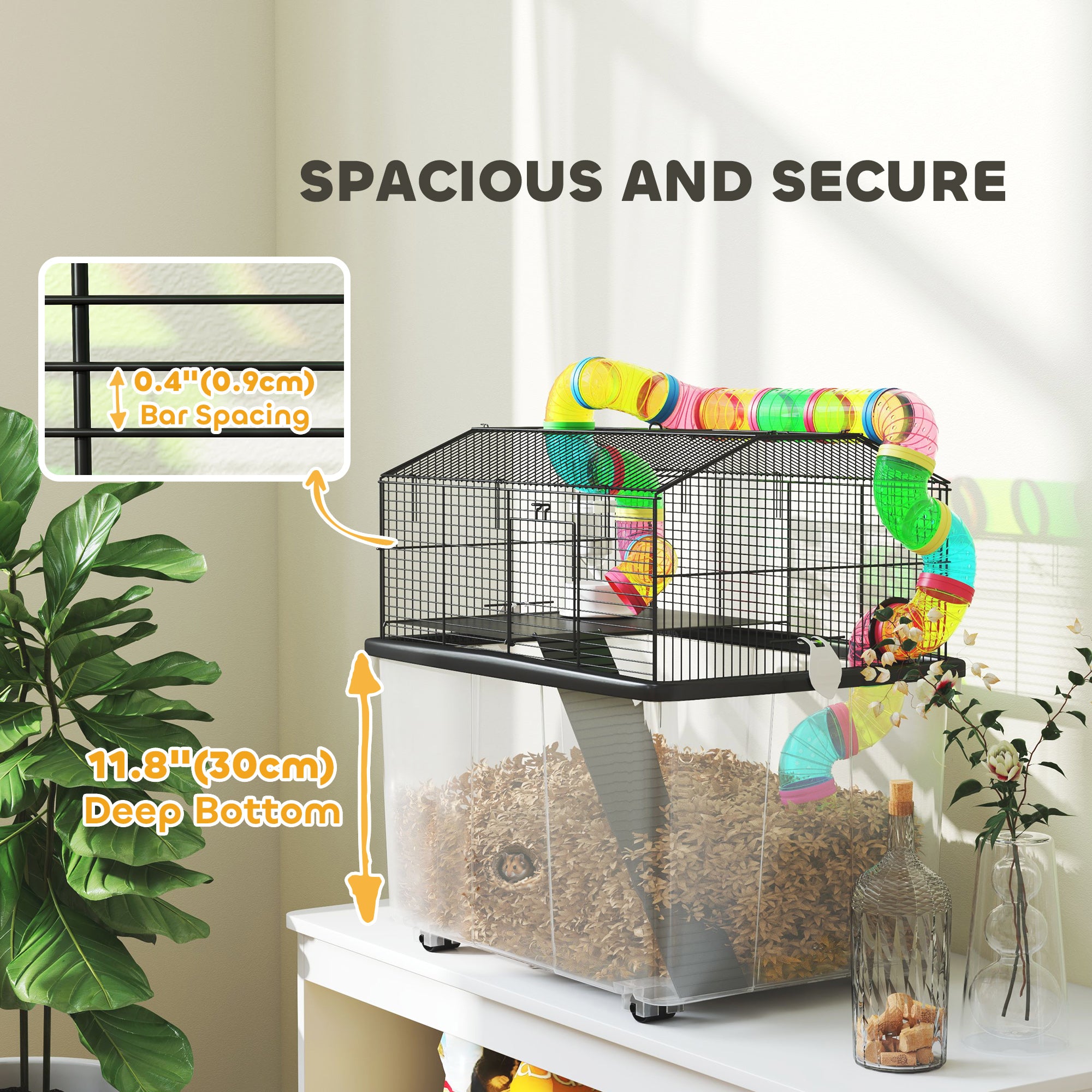 PawHut Hamster Cage with 31cm Deep Tray, 2 Tier Gerbil Cage with Tube System, Water Bottle, Ramp, Feeding Bowl, 58 x 43 x 57cm, Multicolour