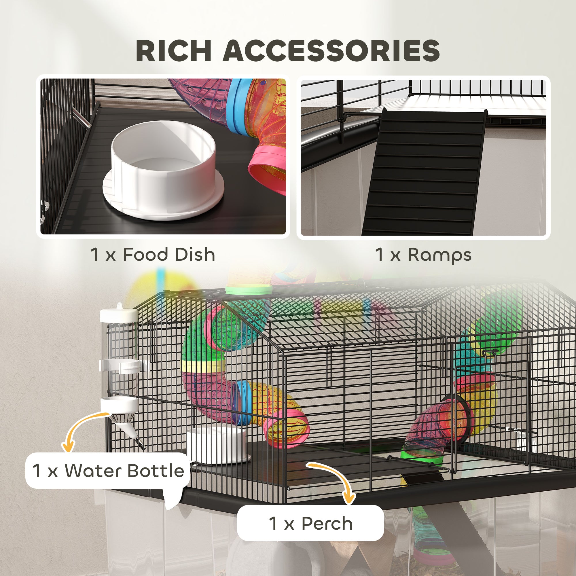 PawHut Hamster Cage with 31cm Deep Tray, 2 Tier Gerbil Cage with Tube System, Water Bottle, Ramp, Feeding Bowl, 58 x 43 x 57cm, Multicolour