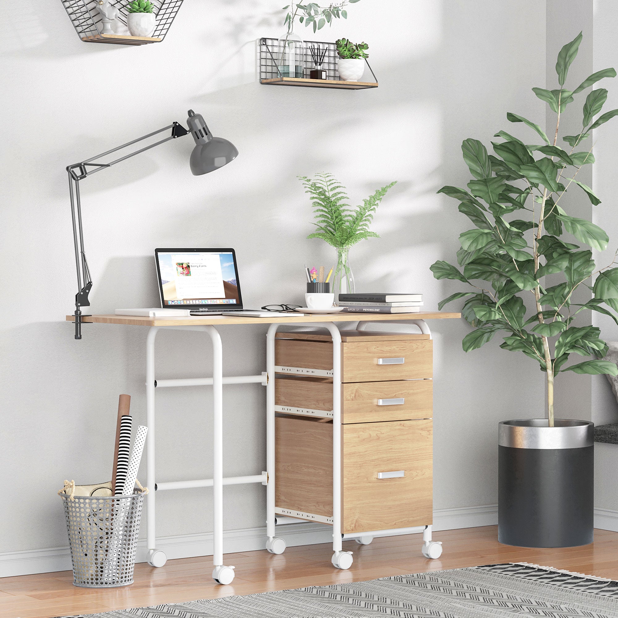 HOMCOM Foldable Computer Desk with Drawers, Executive Student Table with Storage Shelf, 6 Wheels for Bedroom Home Office Workstation, Natural