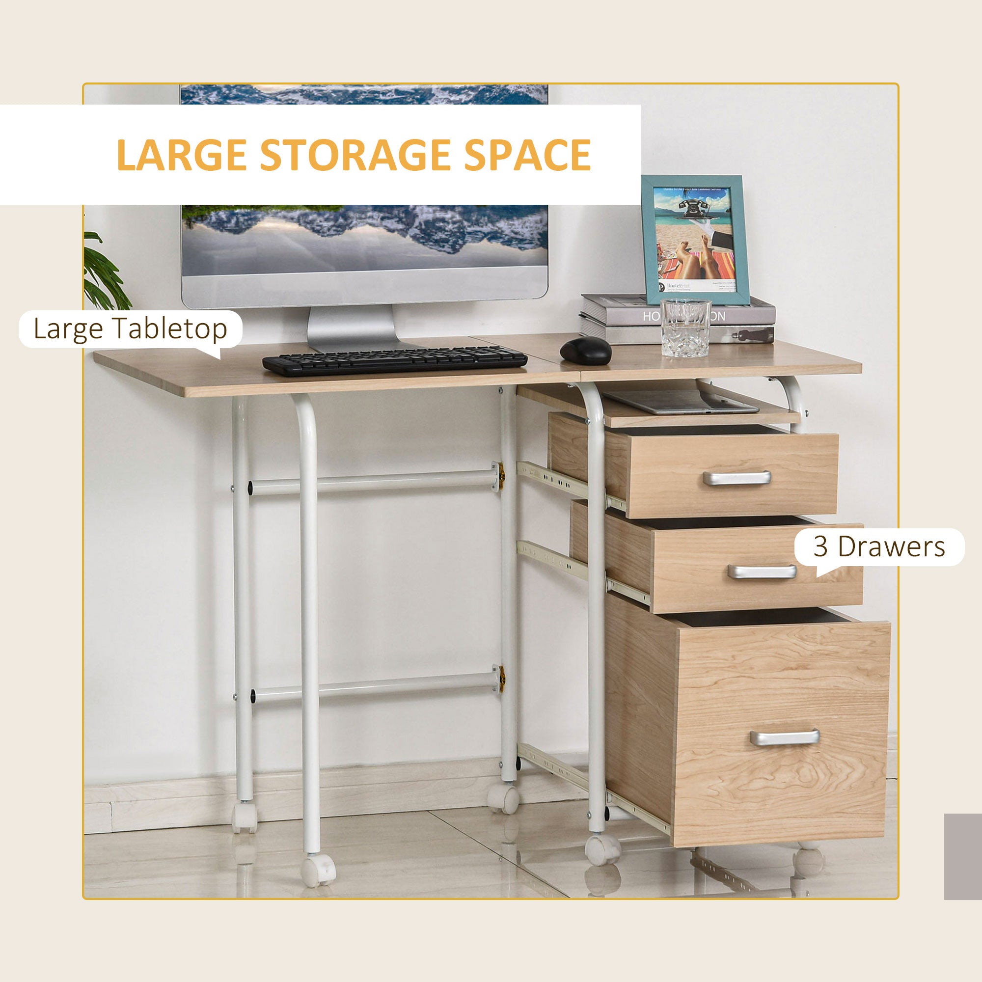 HOMCOM Foldable Computer Desk with Drawers, Executive Student Table with Storage Shelf, 6 Wheels for Bedroom Home Office Workstation, Natural