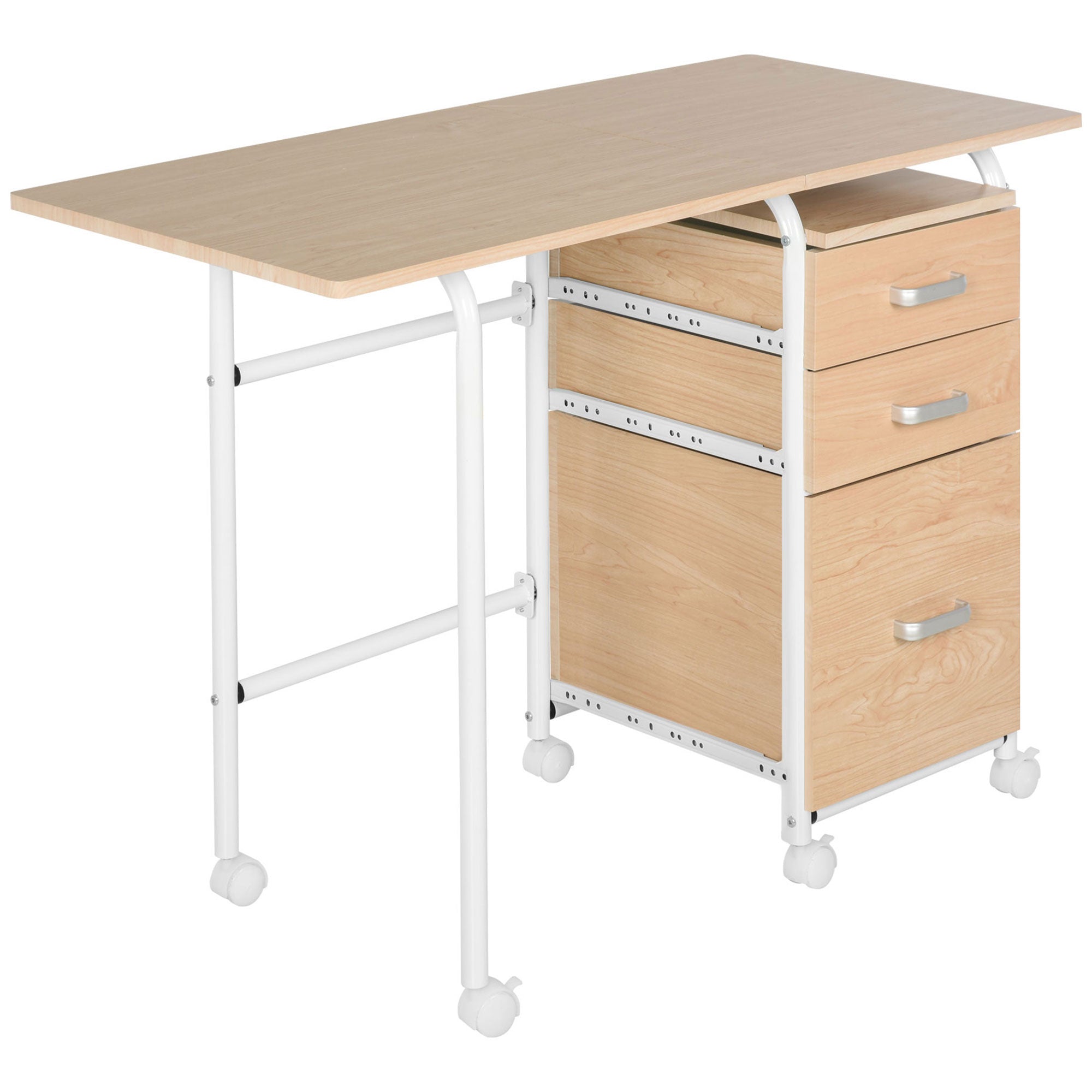 HOMCOM Foldable Computer Desk with Drawers, Executive Student Table with Storage Shelf, 6 Wheels for Bedroom Home Office Workstation, Natural