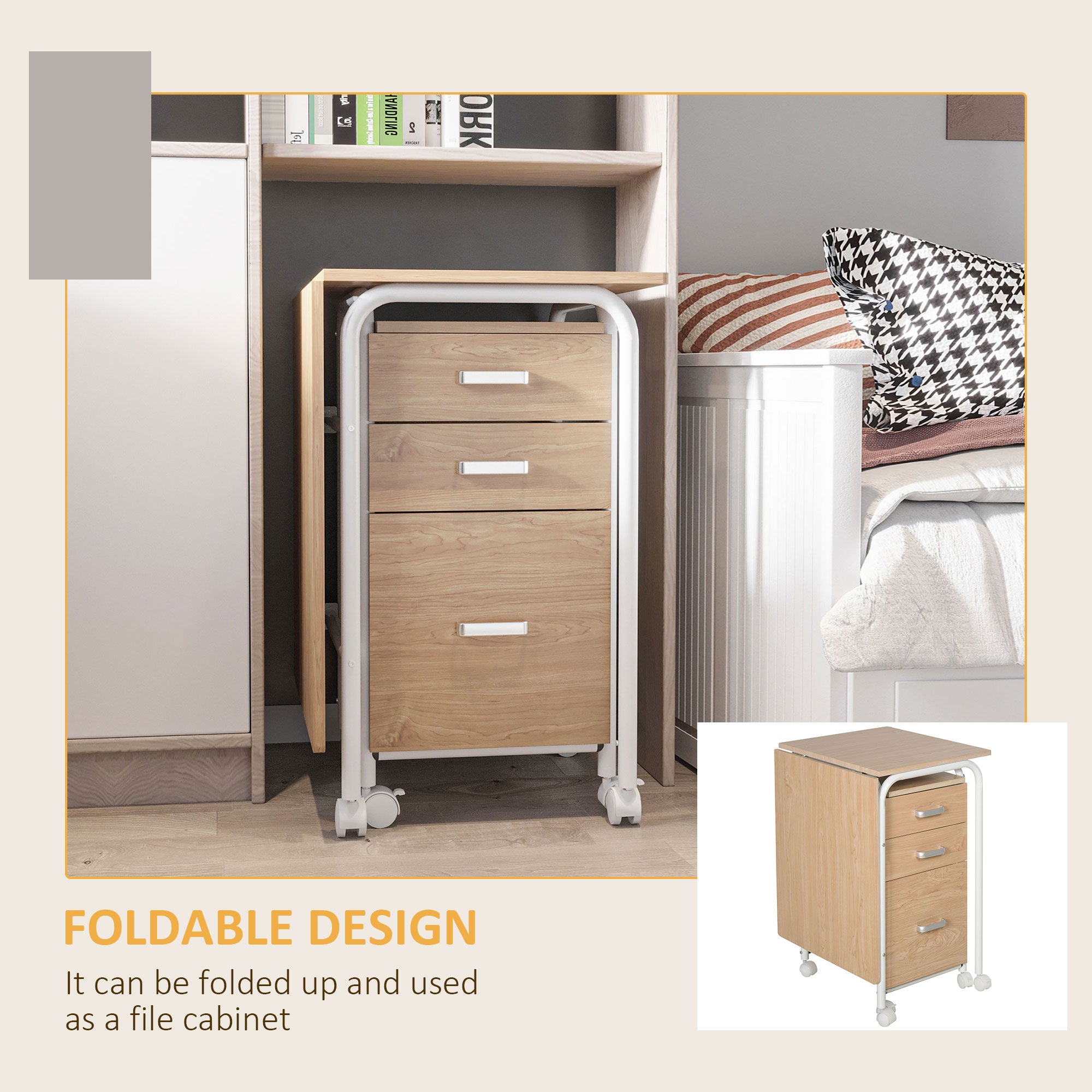 HOMCOM Foldable Computer Desk with Drawers, Executive Student Table with Storage Shelf, 6 Wheels for Bedroom Home Office Workstation, Natural