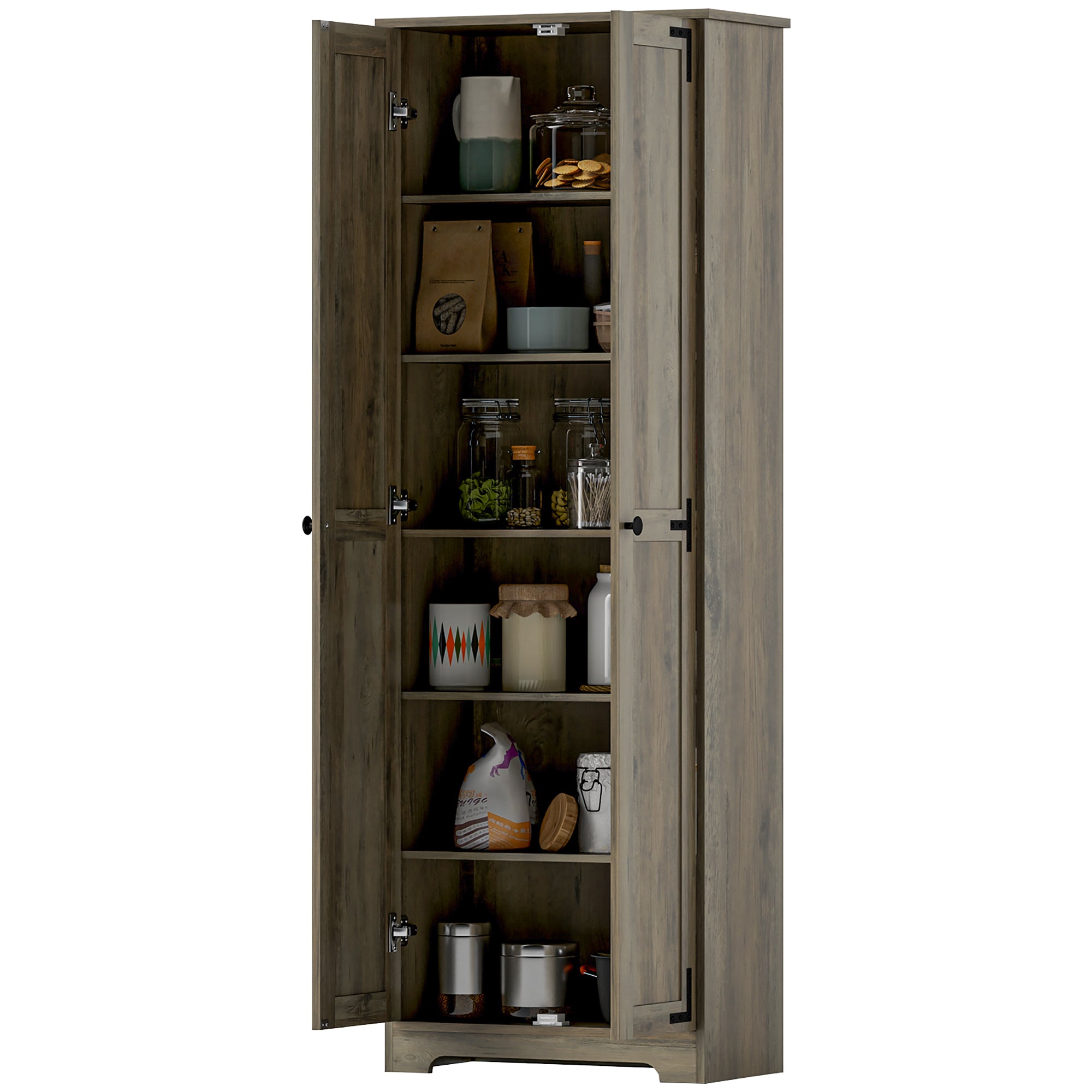 HOMCOM 67" Farmhouse Pantry Cabinet, Tall Kitchen Pantry with Adjustable Shelves, Freestanding Storage Cabinet with Recessed Doors, Distressed Grey