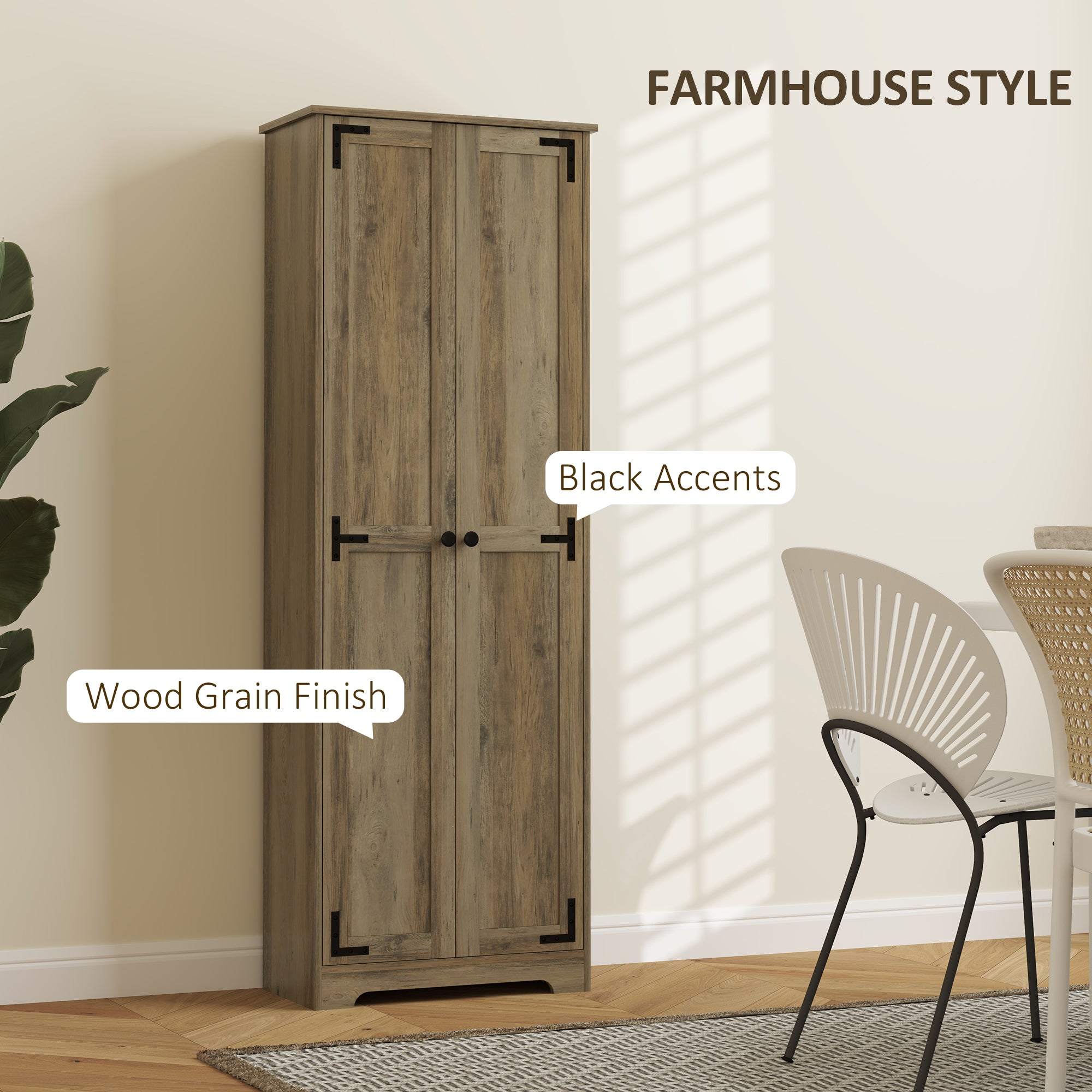 HOMCOM 67" Farmhouse Pantry Cabinet, Tall Kitchen Pantry with Adjustable Shelves, Freestanding Storage Cabinet with Recessed Doors, Distressed Grey