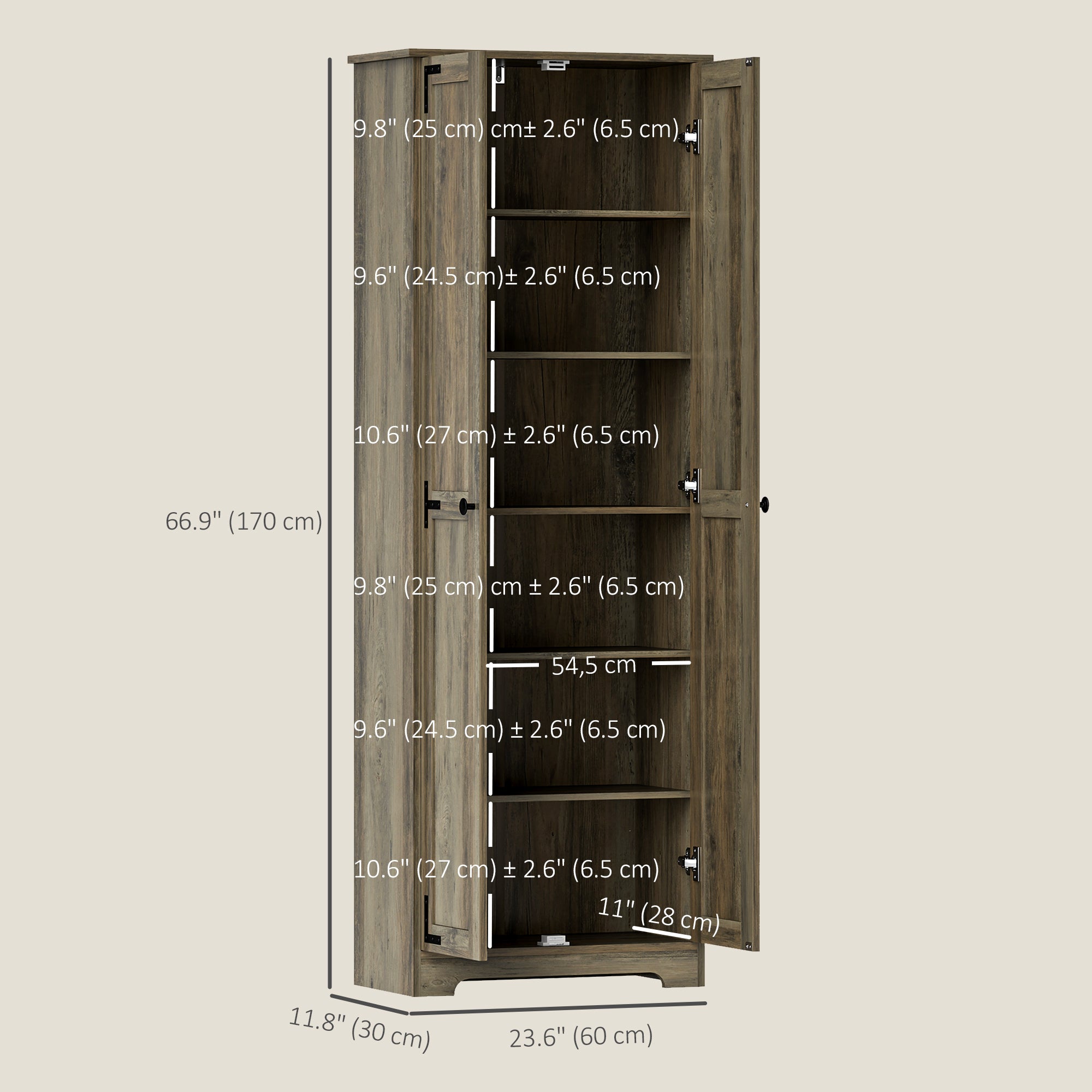 HOMCOM 67" Farmhouse Pantry Cabinet, Tall Kitchen Pantry with Adjustable Shelves, Freestanding Storage Cabinet with Recessed Doors, Distressed Grey