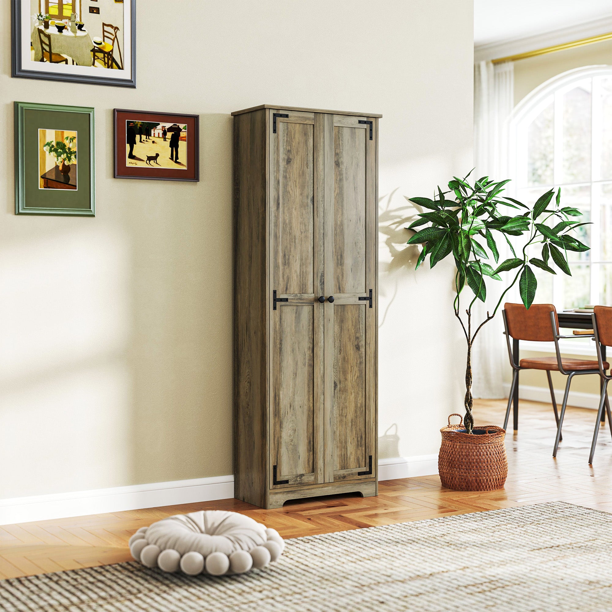 HOMCOM 67" Farmhouse Pantry Cabinet, Tall Kitchen Pantry with Adjustable Shelves, Freestanding Storage Cabinet with Recessed Doors, Distressed Grey