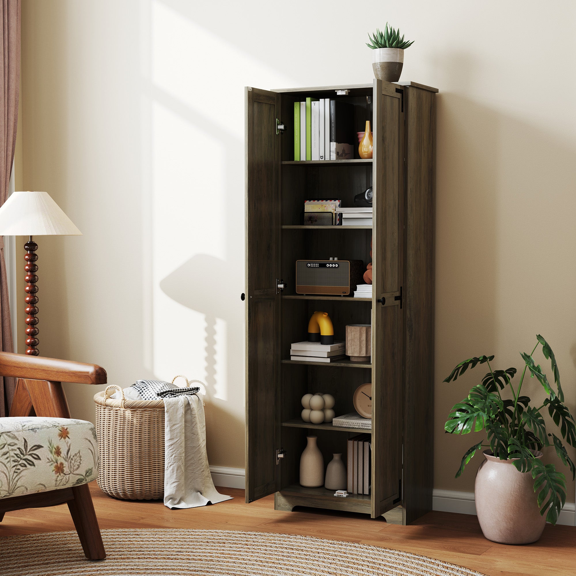 HOMCOM 67" Farmhouse Pantry Cabinet, Tall Kitchen Pantry with Adjustable Shelves, Freestanding Storage Cabinet with Recessed Doors, Distressed Grey