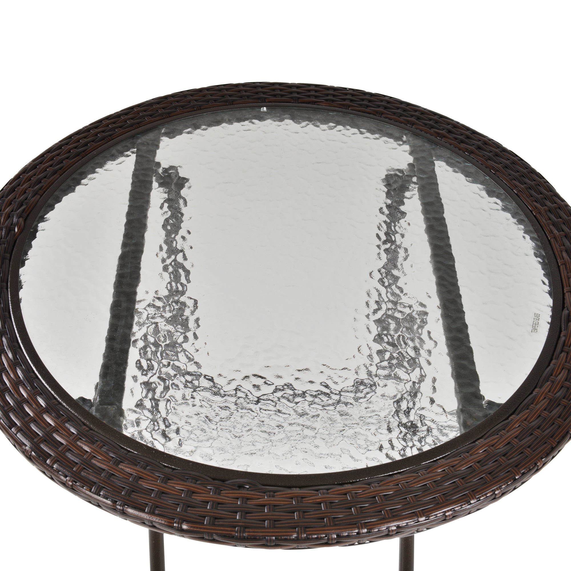 Outsunny 26.8" Dia. (68 Dia. cm) Folding Round Tempered Glass Metal Table with Brown Rattan Edging, Brown