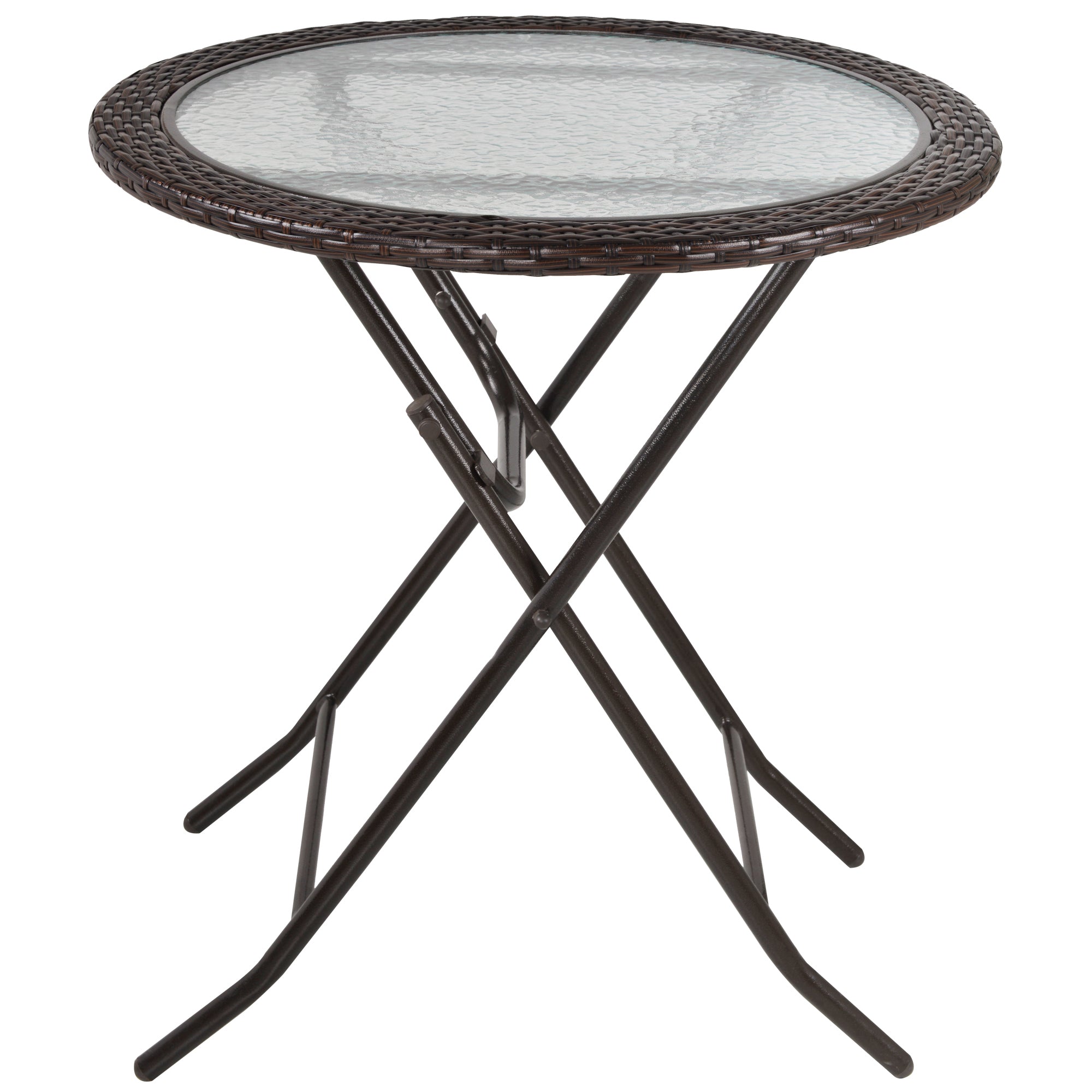 Outsunny 26.8" Dia. (68 Dia. cm) Folding Round Tempered Glass Metal Table with Brown Rattan Edging, Brown