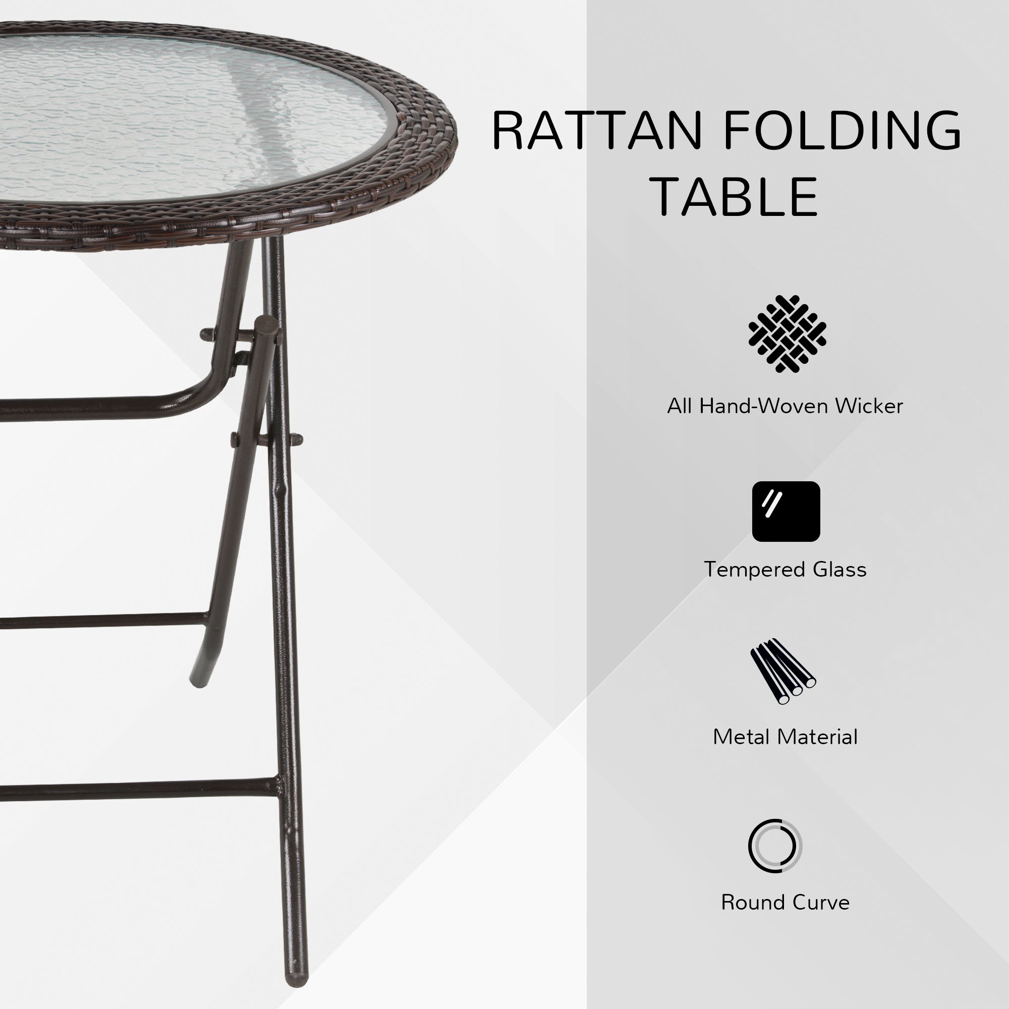 Outsunny 26.8" Dia. (68 Dia. cm) Folding Round Tempered Glass Metal Table with Brown Rattan Edging, Brown