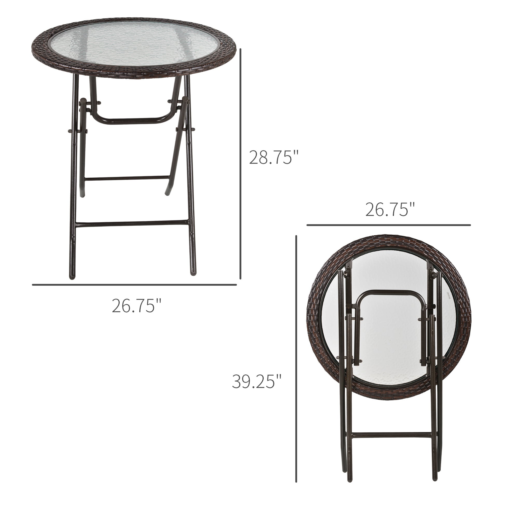 Outsunny 26.8" Dia. (68 Dia. cm) Folding Round Tempered Glass Metal Table with Brown Rattan Edging, Brown