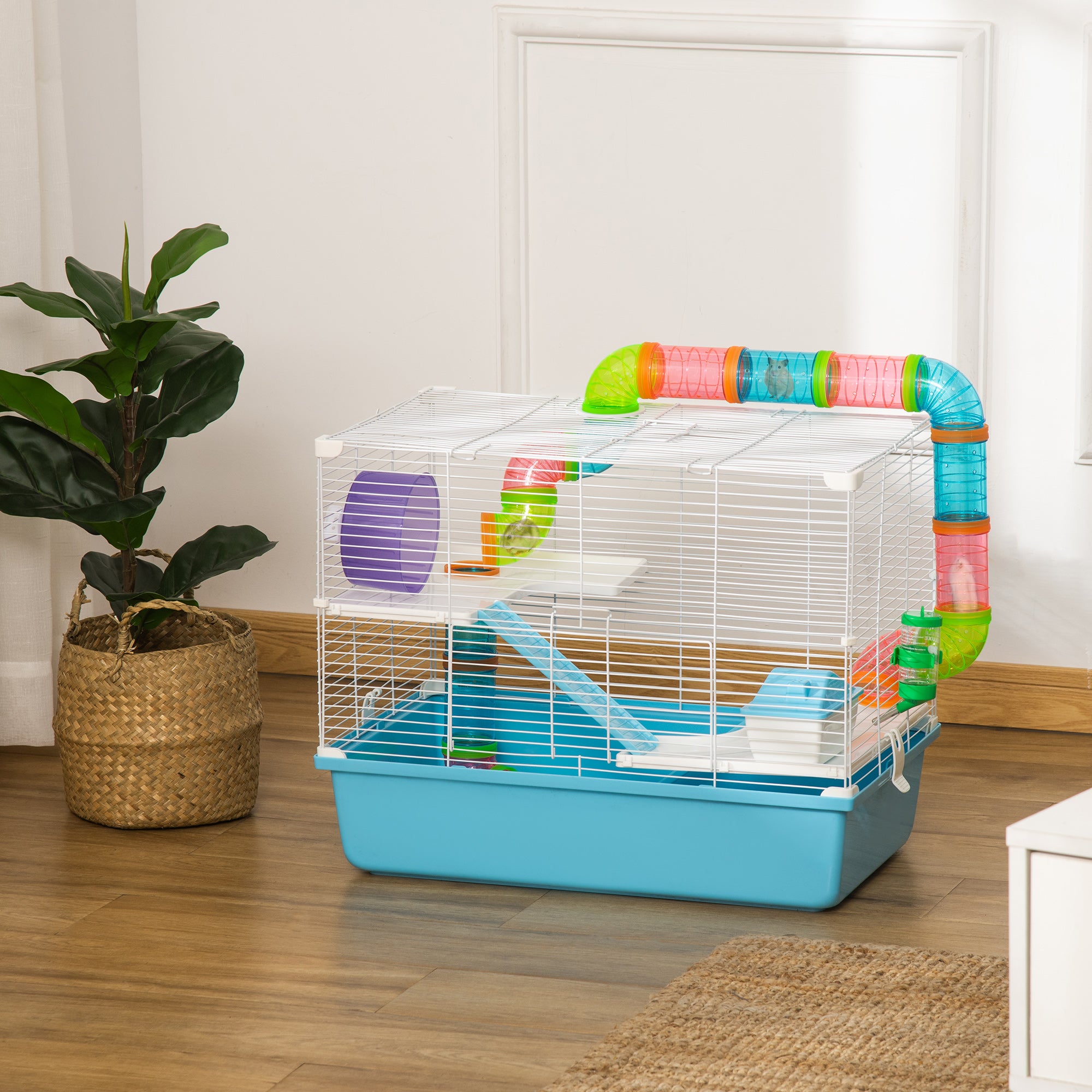 PawHut 3-Tier Large Hamster Cage with Tubes and Tunnels, Portable Carry Handles, Toy-Filled Steel Small Animal House, Includes Exercise Wheel, Water Bottle, Food Dish, 23" x 14" x 18.5", Light Blue