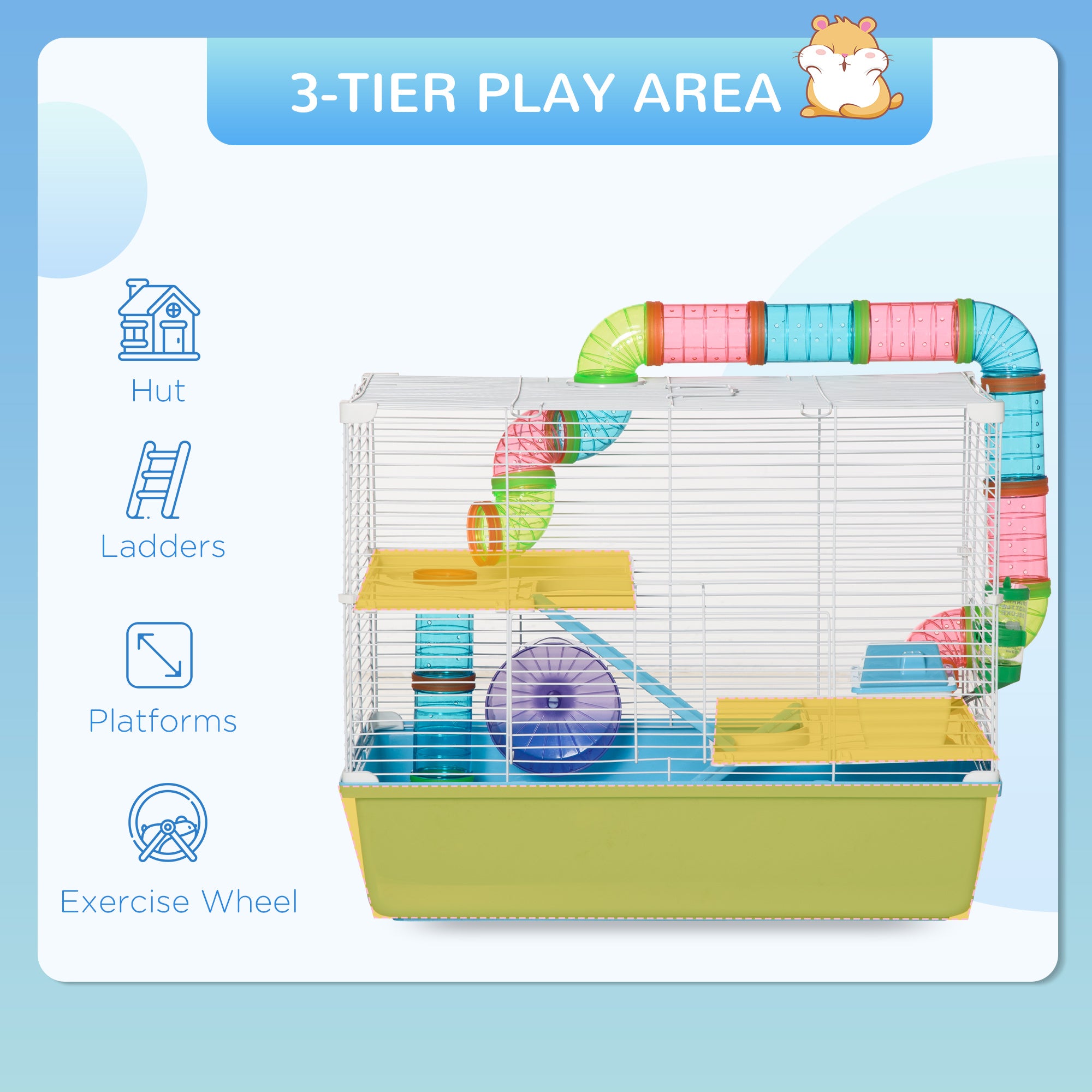 PawHut 3-Tier Large Hamster Cage with Tubes and Tunnels, Portable Carry Handles, Toy-Filled Steel Small Animal House, Includes Exercise Wheel, Water Bottle, Food Dish, 23" x 14" x 18.5", Light Blue