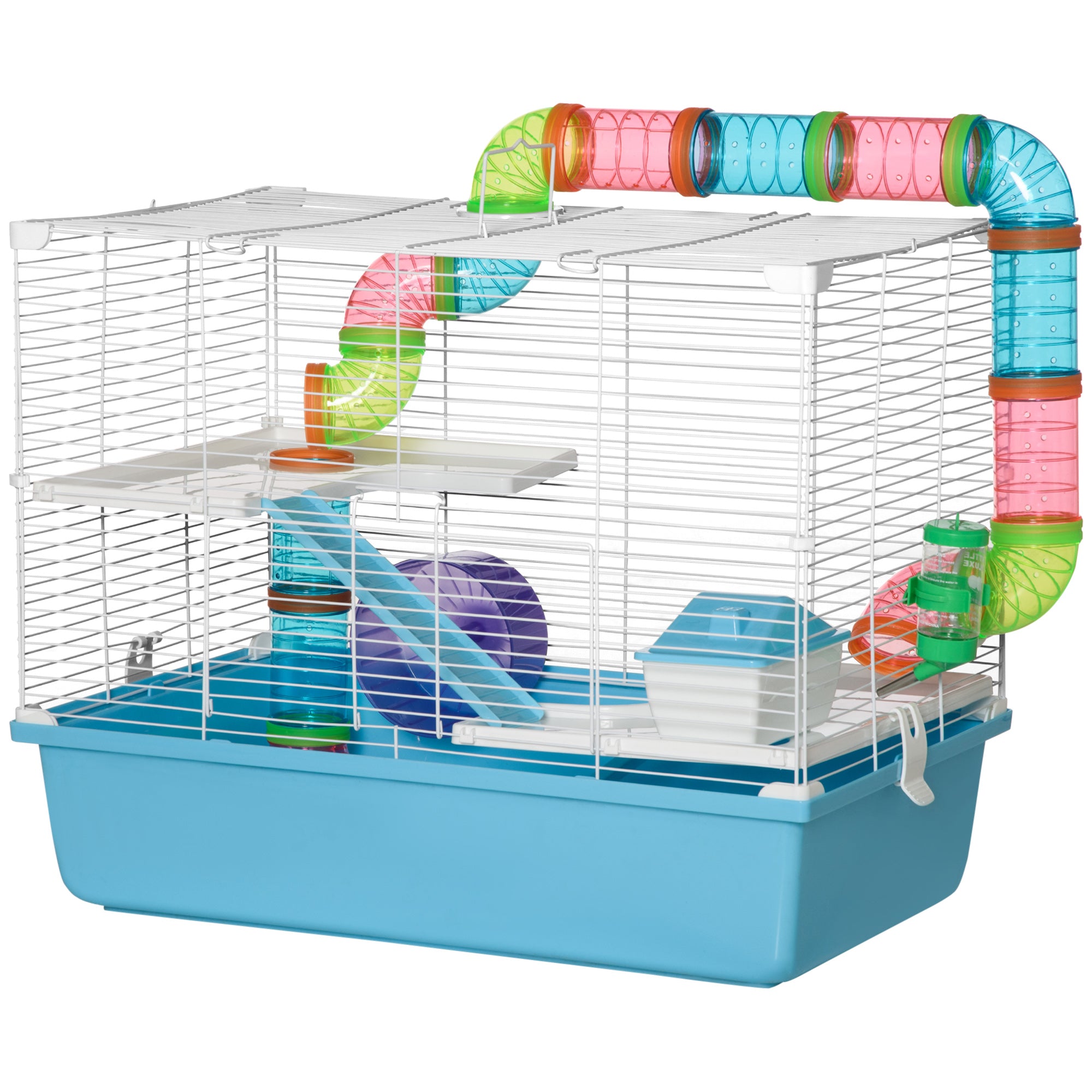 PawHut Hamster Cage, Small Animal House, 3-Level Guinea Pig Cage Gerbil Haven, Tunnel Tube System, with Water Bottle, Exercise Wheel, Food Dish, Ramps, Light Blue