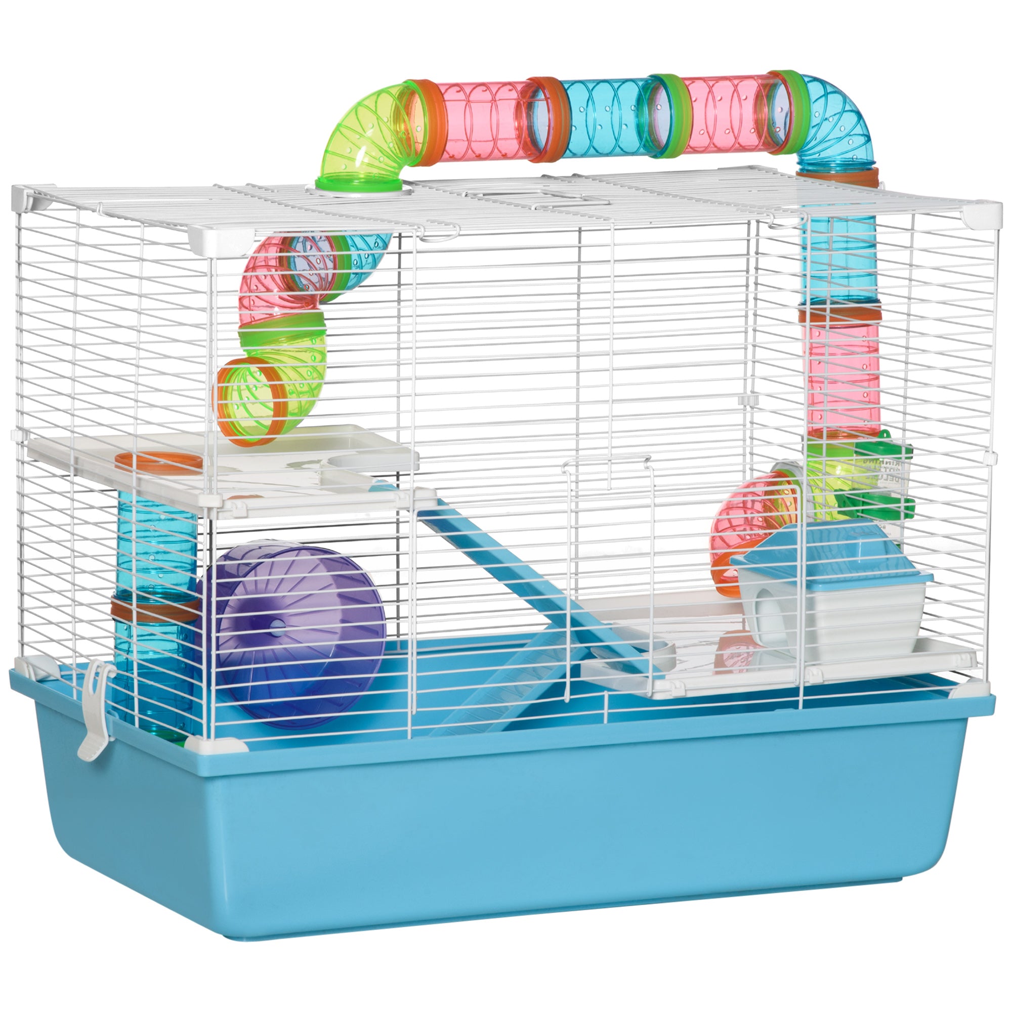 PawHut Hamster Cage, Small Animal House, 3-Level Guinea Pig Cage Gerbil Haven, Tunnel Tube System, with Water Bottle, Exercise Wheel, Food Dish, Ramps, Light Blue