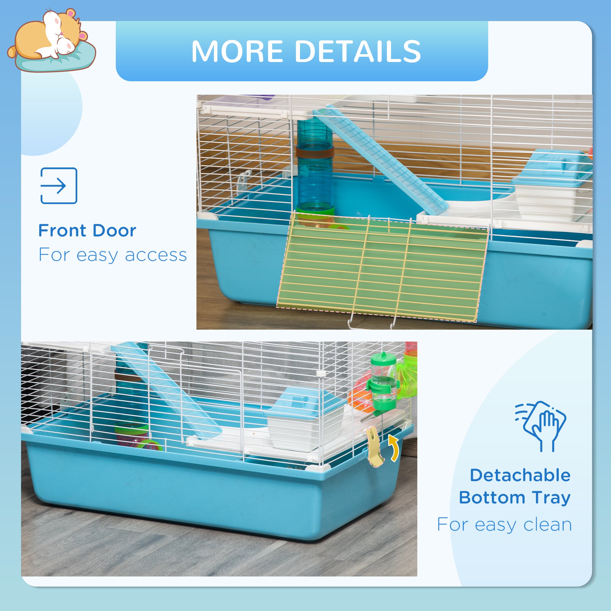 PawHut 3-Tier Large Hamster Cage with Tubes and Tunnels, Portable Carry Handles, Toy-Filled Steel Small Animal House, Includes Exercise Wheel, Water Bottle, Food Dish, 23" x 14" x 18.5", Light Blue