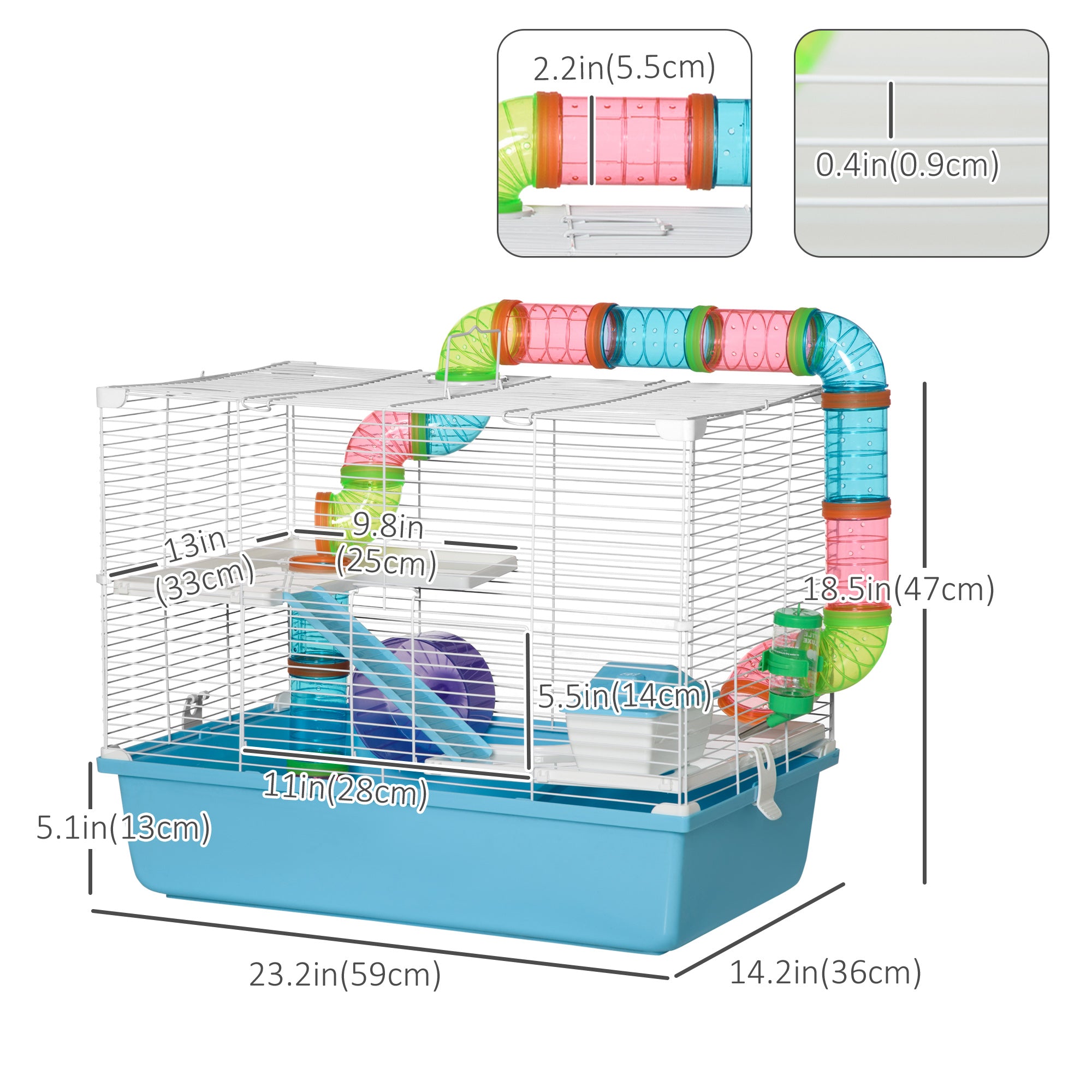 PawHut Hamster Cage, Small Animal House, 3-Level Guinea Pig Cage Gerbil Haven, Tunnel Tube System, with Water Bottle, Exercise Wheel, Food Dish, Ramps, Light Blue