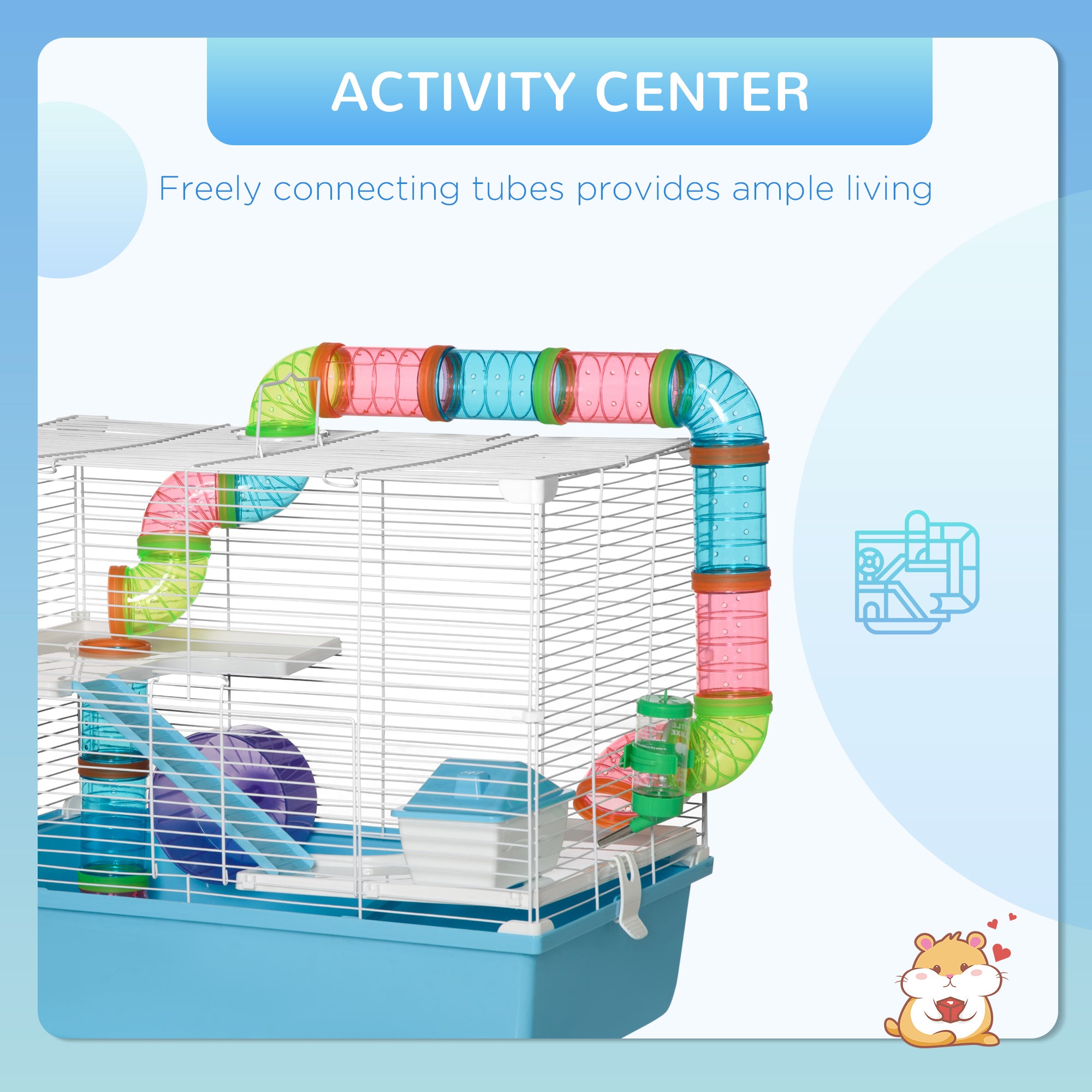 PawHut Hamster Cage, Small Animal House, 3-Level Guinea Pig Cage Gerbil Haven, Tunnel Tube System, with Water Bottle, Exercise Wheel, Food Dish, Ramps, Light Blue