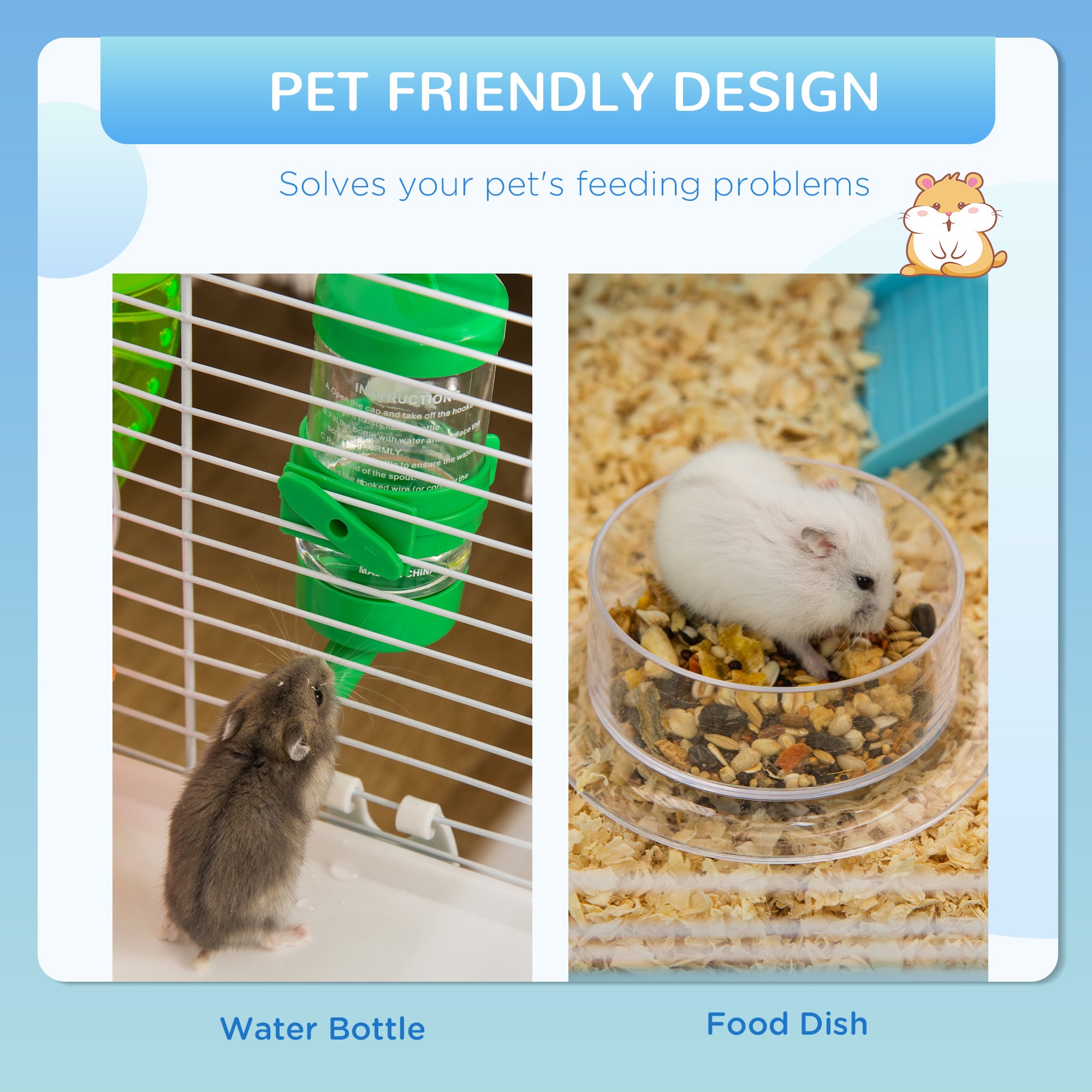 PawHut Hamster Cage, Small Animal House, 3-Level Guinea Pig Cage Gerbil Haven, Tunnel Tube System, with Water Bottle, Exercise Wheel, Food Dish, Ramps, Light Blue
