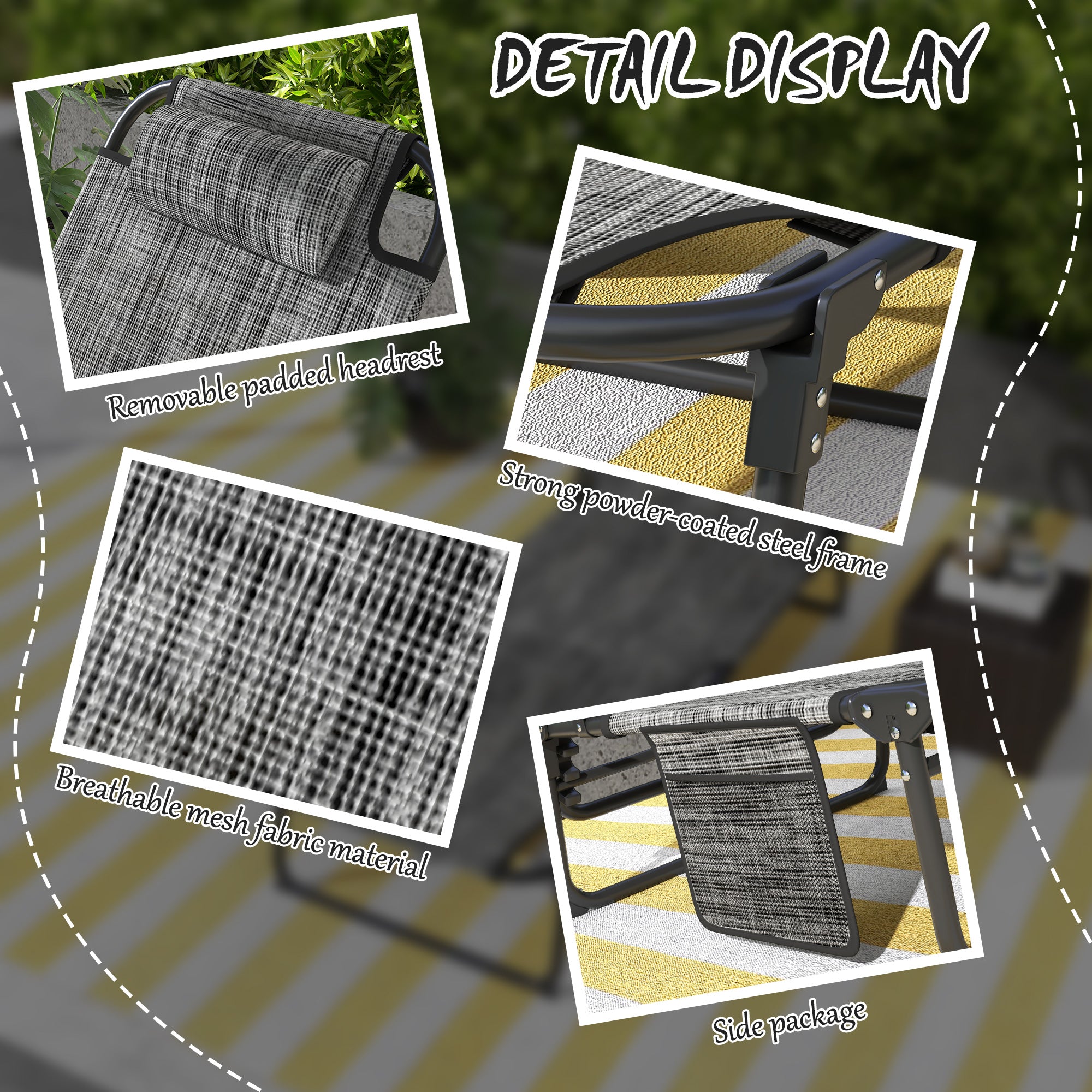 Outsunny Folding Lounge Chair with 4-level Reclining Back, Outdoor Tanning Chair with Cushion, Outdoor Lounge Chair with Breathable Mesh Fabric, Side Pocket, Headrest, Blue