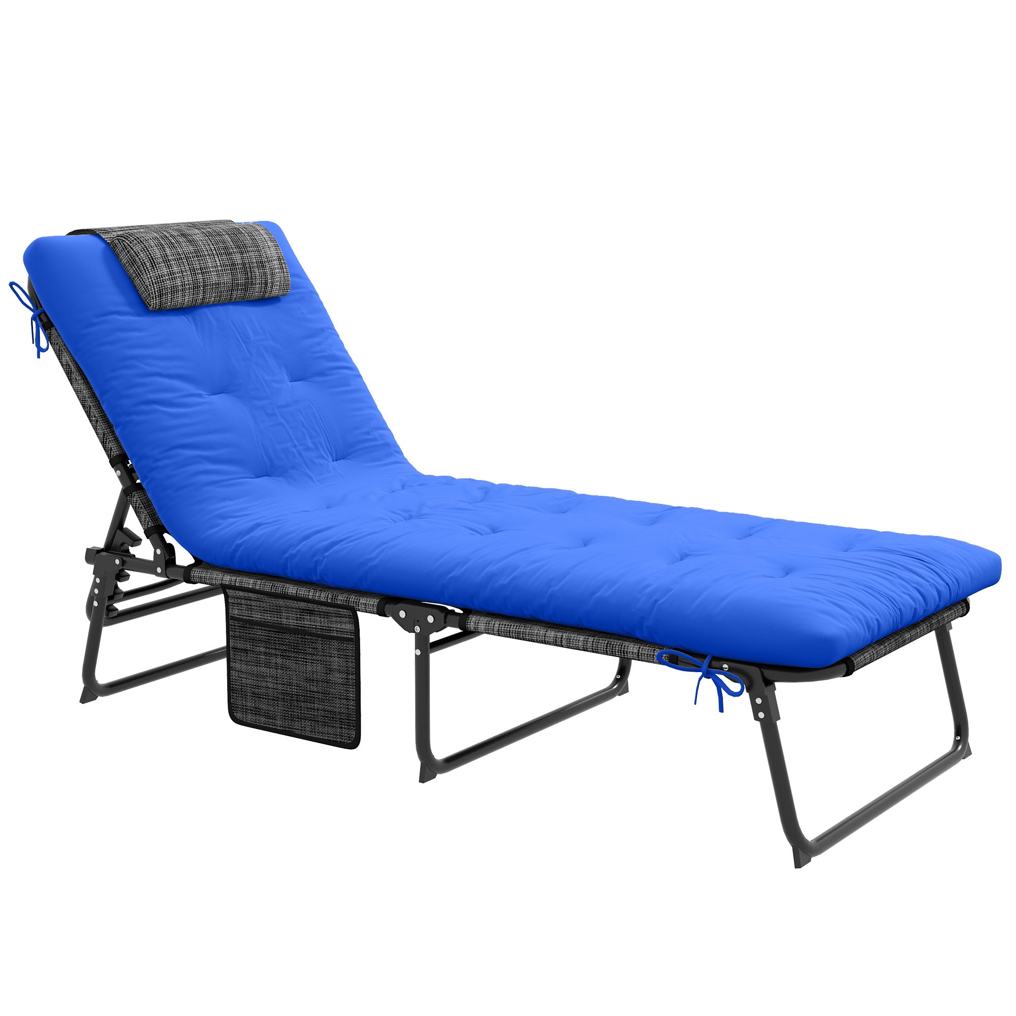 Outsunny Folding Lounge Chair with 4-level Reclining Back, Outdoor Tanning Chair with Cushion, Outdoor Lounge Chair with Breathable Mesh Fabric, Side Pocket, Headrest, Blue