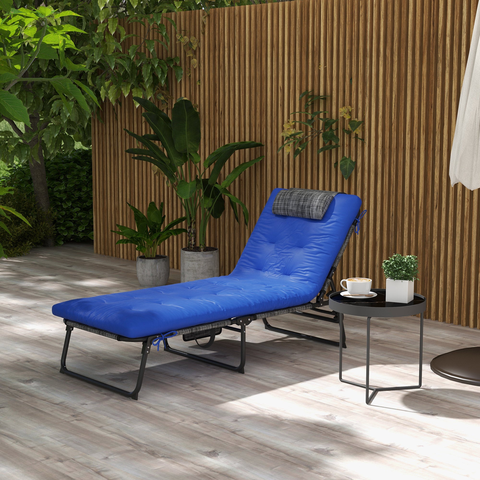 Outsunny Folding Lounge Chair with 4-level Reclining Back, Outdoor Tanning Chair with Cushion, Outdoor Lounge Chair with Breathable Mesh Fabric, Side Pocket, Headrest, Blue