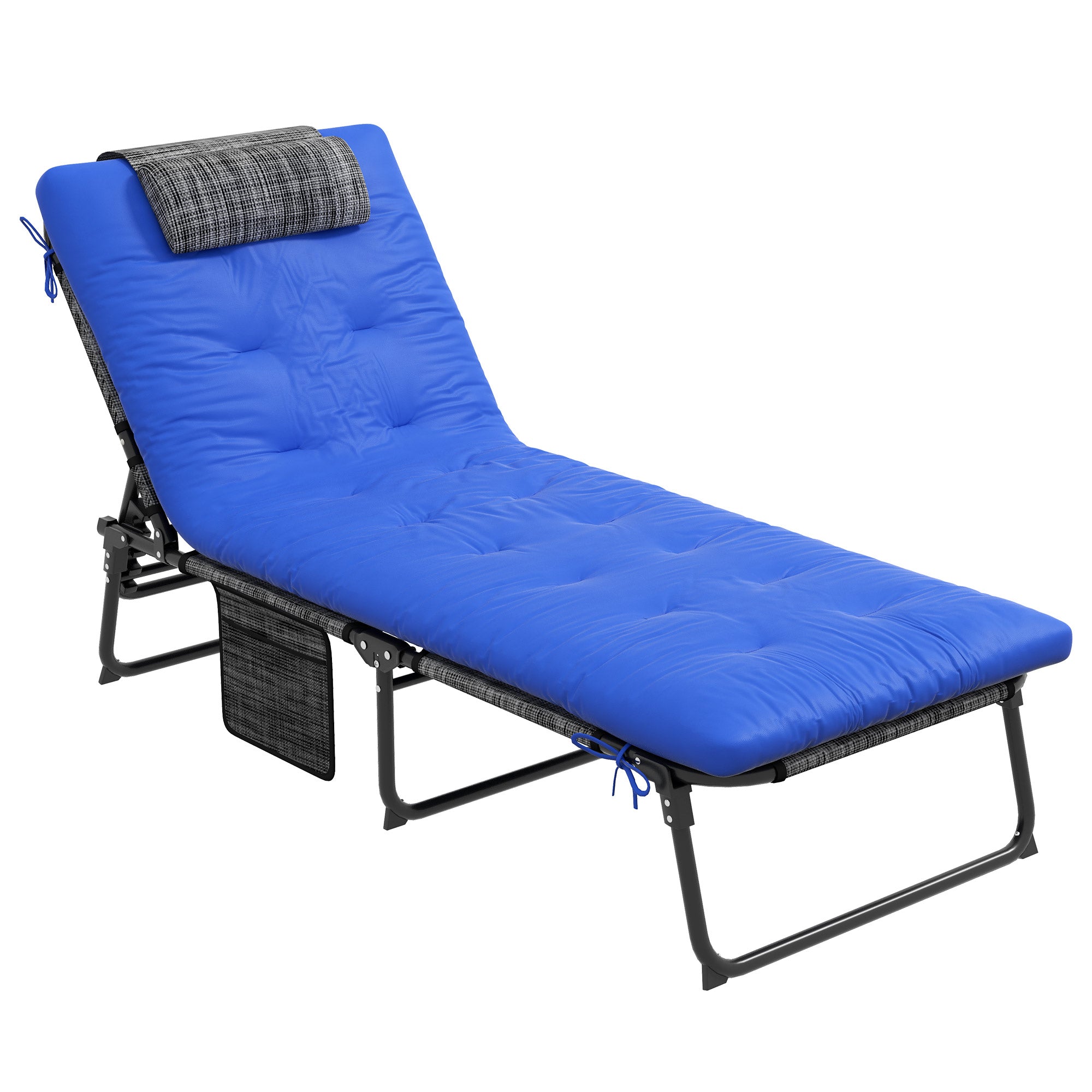Outsunny Folding Lounge Chair with 4-level Reclining Back, Outdoor Tanning Chair with Cushion, Outdoor Lounge Chair with Breathable Mesh Fabric, Side Pocket, Headrest, Blue
