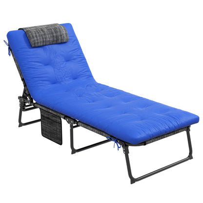 Outsunny Folding Lounge Chair with 4-level Reclining Back, Outdoor Tanning Chair with Cushion, Outdoor Lounge Chair with Breathable Mesh Fabric, Side Pocket, Headrest, Blue
