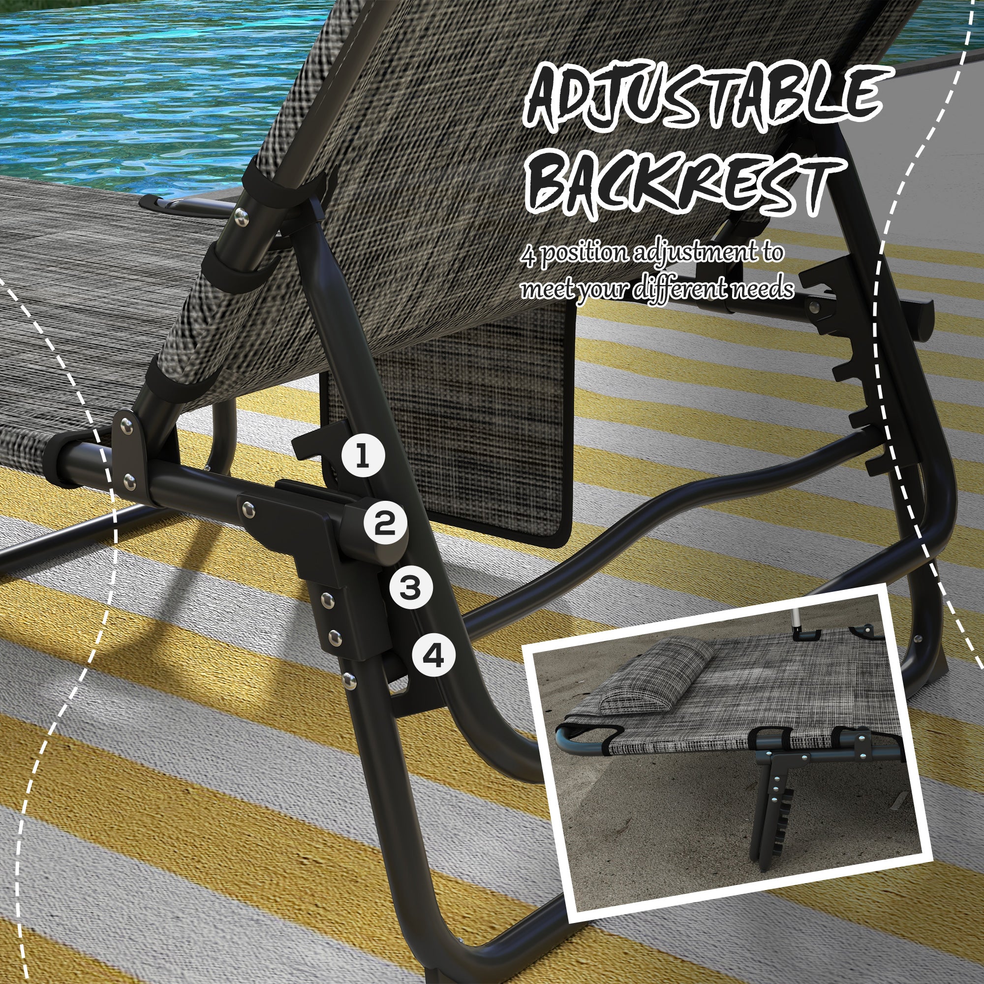 Outsunny Folding Lounge Chair with 4-level Reclining Back, Outdoor Tanning Chair with Cushion, Outdoor Lounge Chair with Breathable Mesh Fabric, Side Pocket, Headrest, Blue