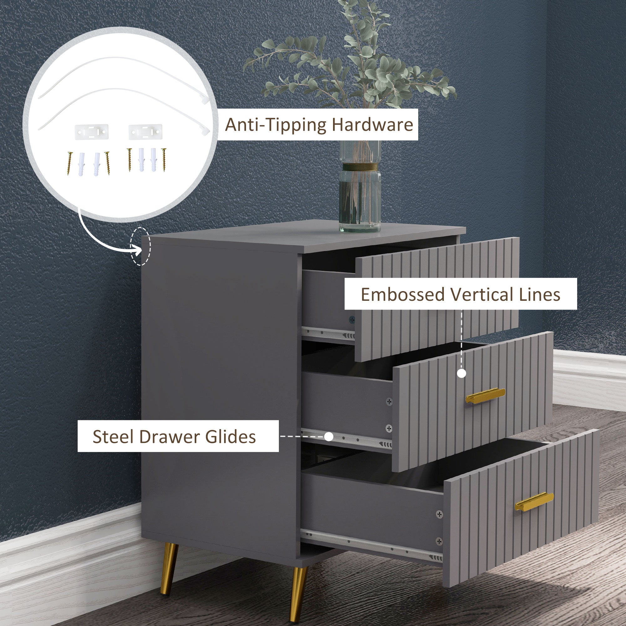 HOMCOM Bedroom Chest of Drawers, Modern 3-Drawer Dresser, Storage Drawer Unit with Aluminium Legs, Dark Grey