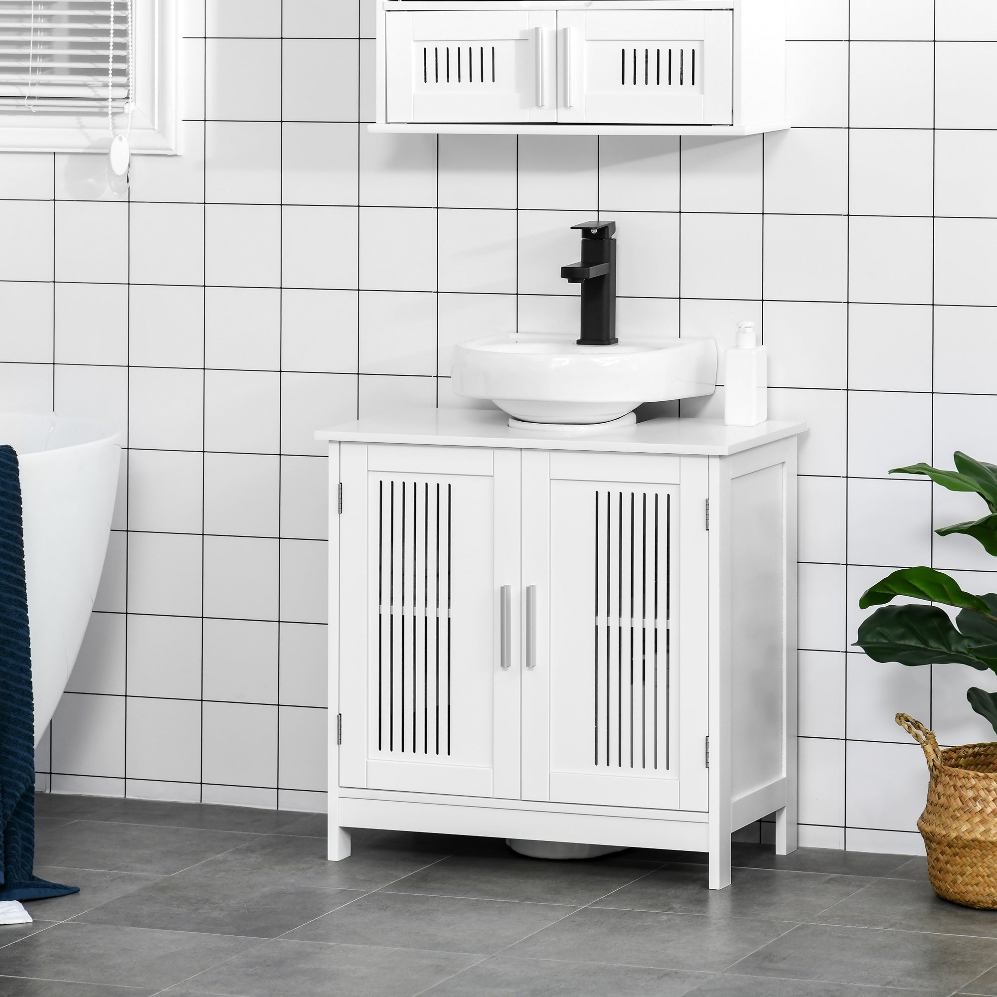 kleankin Bathroom Sink Cabinet, Bathroom Vanity with 2 Slat Doors, Pedestal Sink Storage Cabinet with Adjustable Shelves, White