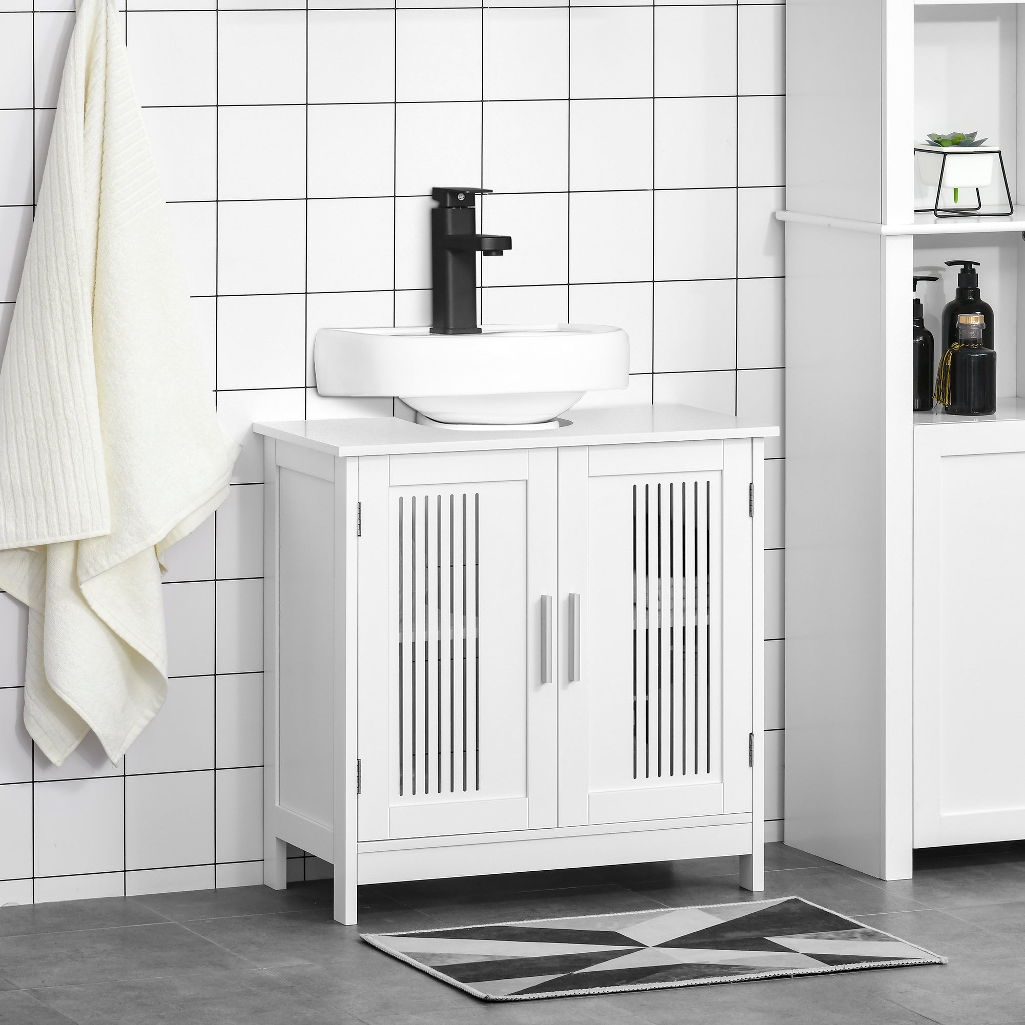 kleankin Bathroom Sink Cabinet, Bathroom Vanity with 2 Slat Doors, Pedestal Sink Storage Cabinet with Adjustable Shelves, White