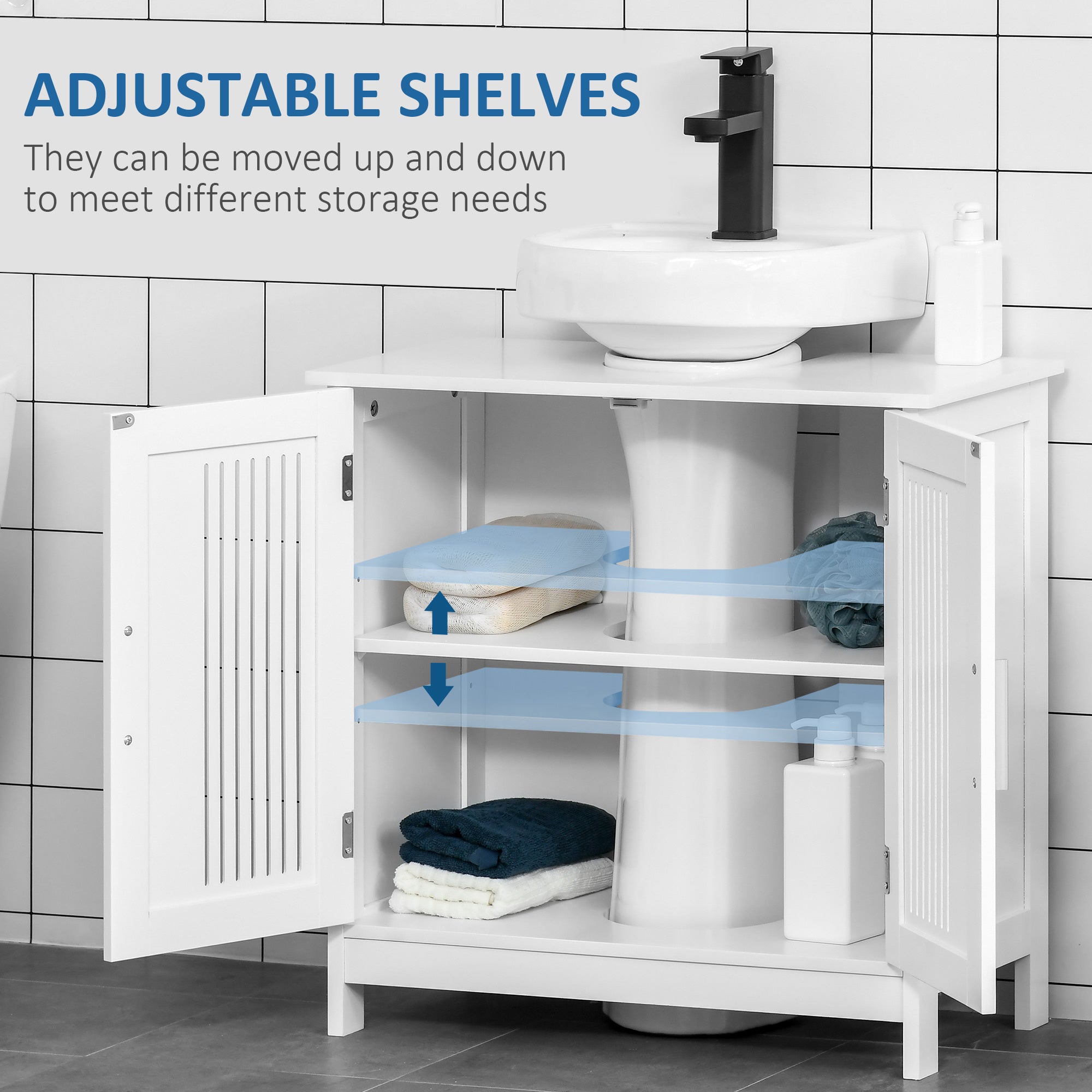 kleankin Bathroom Sink Cabinet, Bathroom Vanity with 2 Slat Doors, Pedestal Sink Storage Cabinet with Adjustable Shelves, White