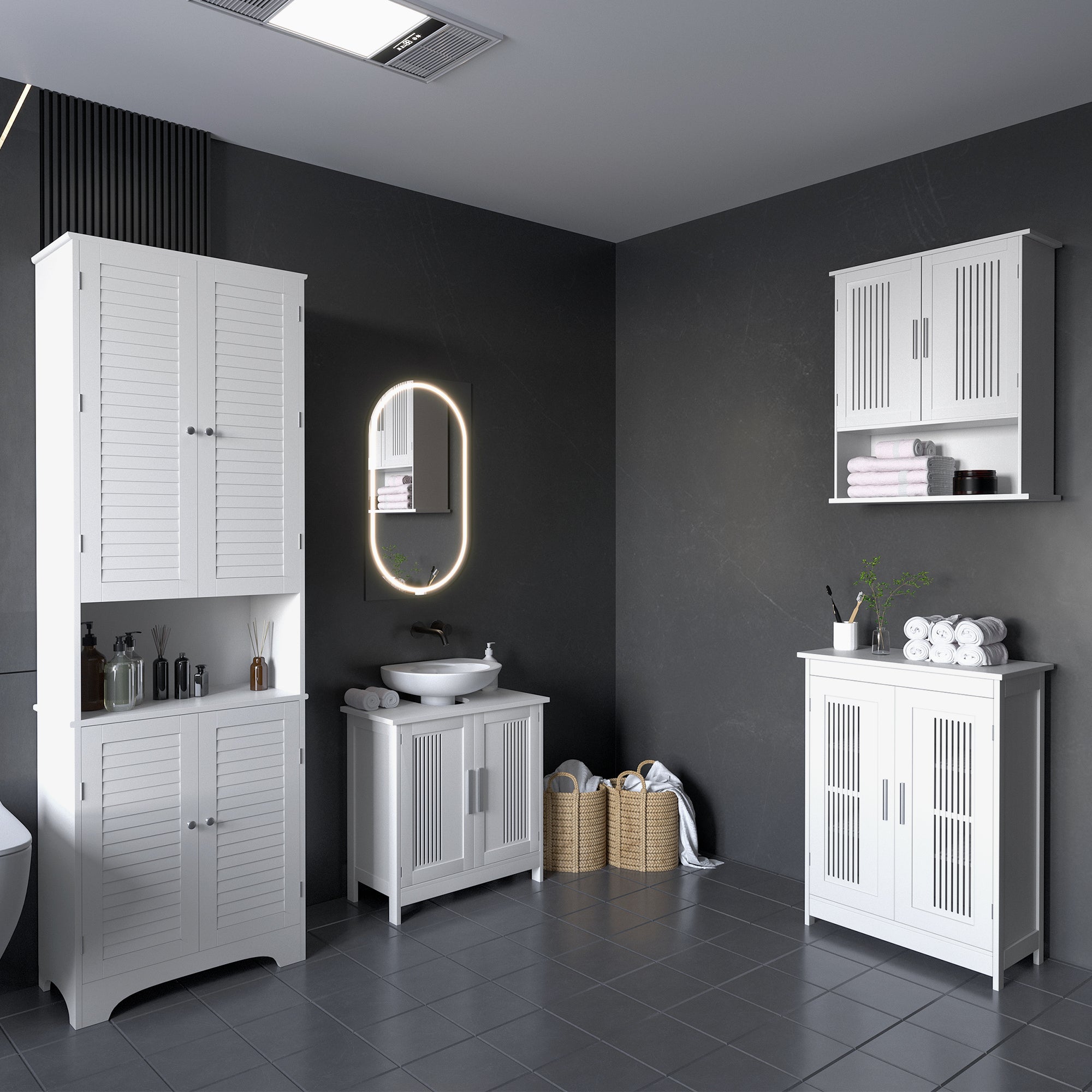 kleankin Bathroom Sink Cabinet, Bathroom Vanity with 2 Slat Doors, Pedestal Sink Storage Cabinet with Adjustable Shelves, White