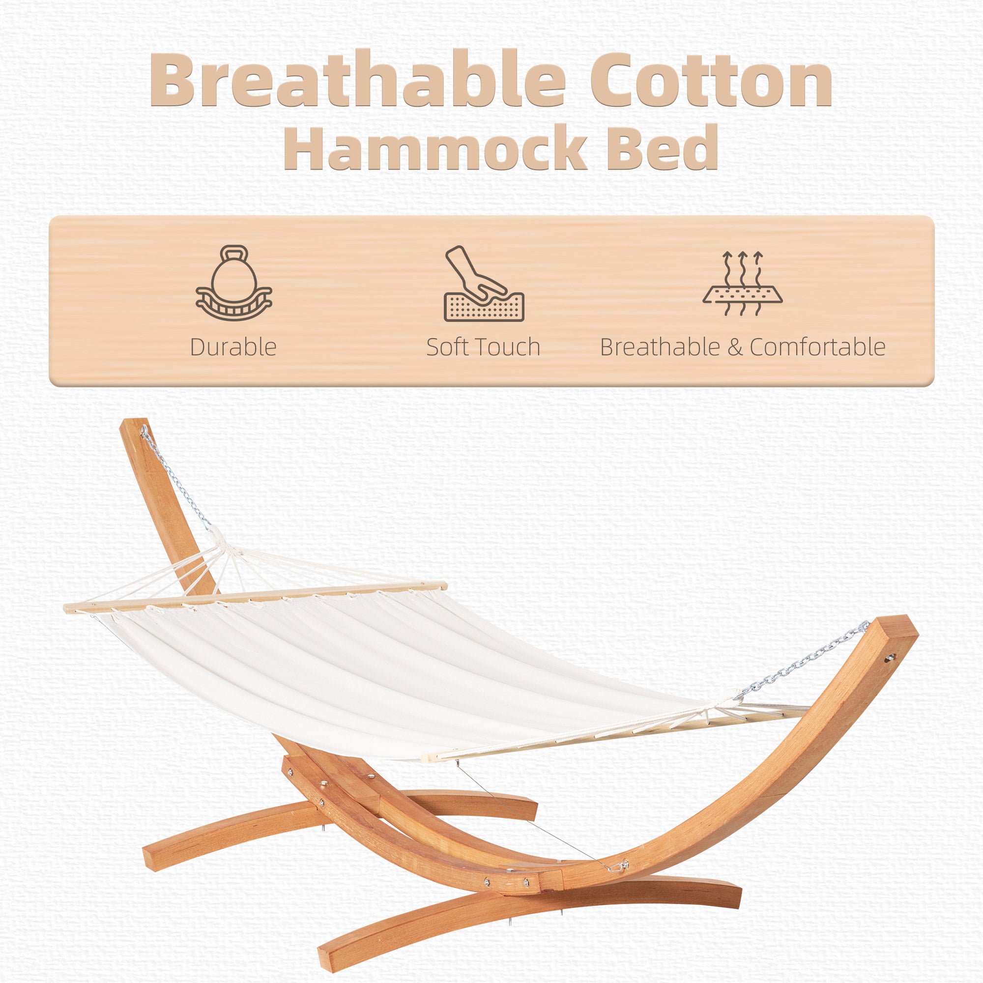 Outsunny Patio Hammock with Stand, Outdoor Arch Wooden Hammock Bed, Camping Hammock w/ Straps and Hooks, White