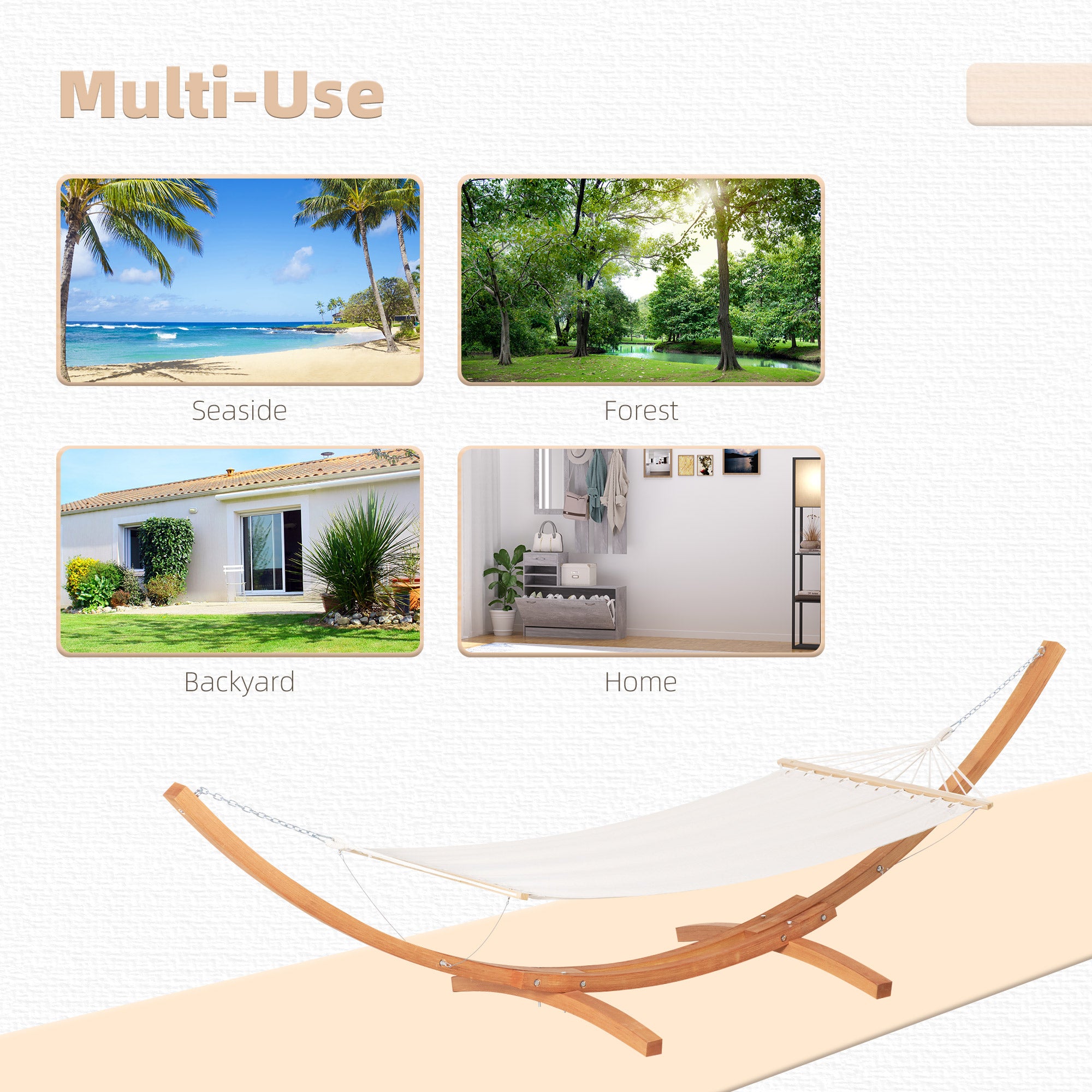 Outsunny Patio Hammock with Stand, Outdoor Arch Wooden Hammock Bed, Camping Hammock w/ Straps and Hooks, White