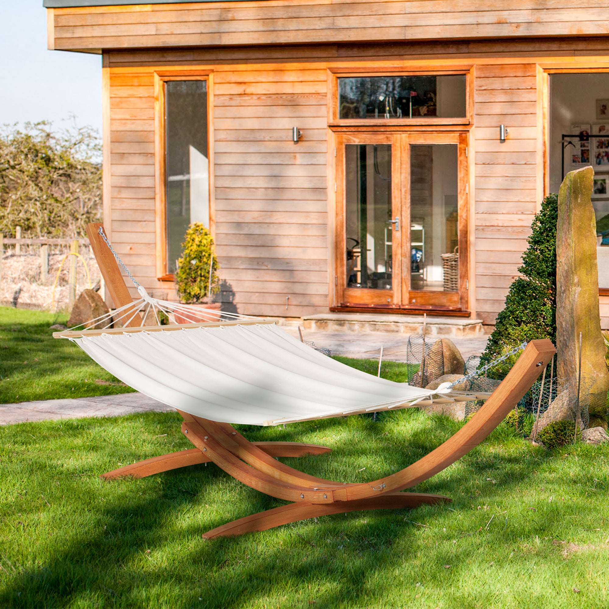Outsunny Patio Hammock with Stand, Outdoor Arch Wooden Hammock Bed, Camping Hammock w/ Straps and Hooks, White