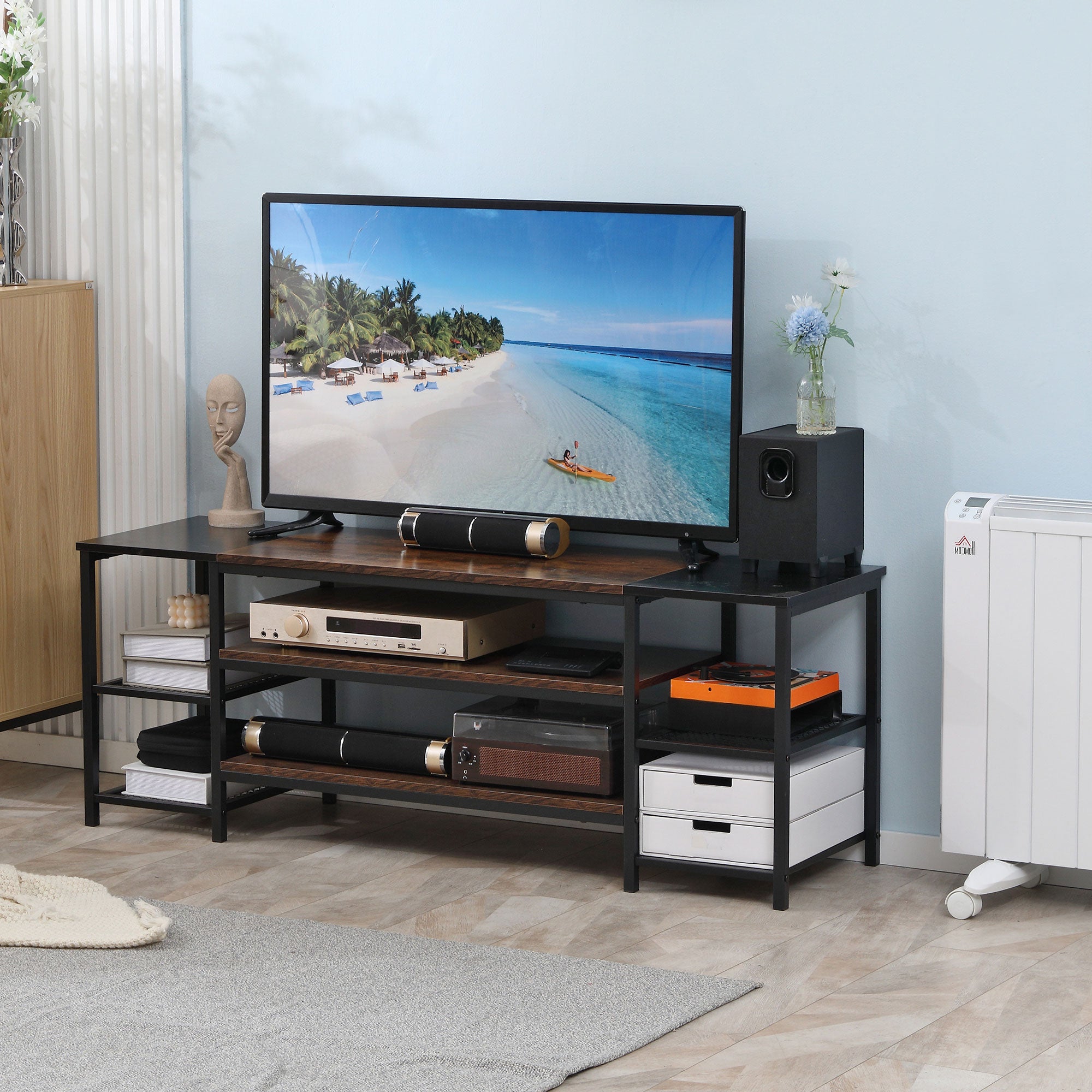 HOMCOM TV Unit Cabinet for TVs up to 60 Inches, Industrial TV Stand with Storage Shelves for Living Room, Brown and Black