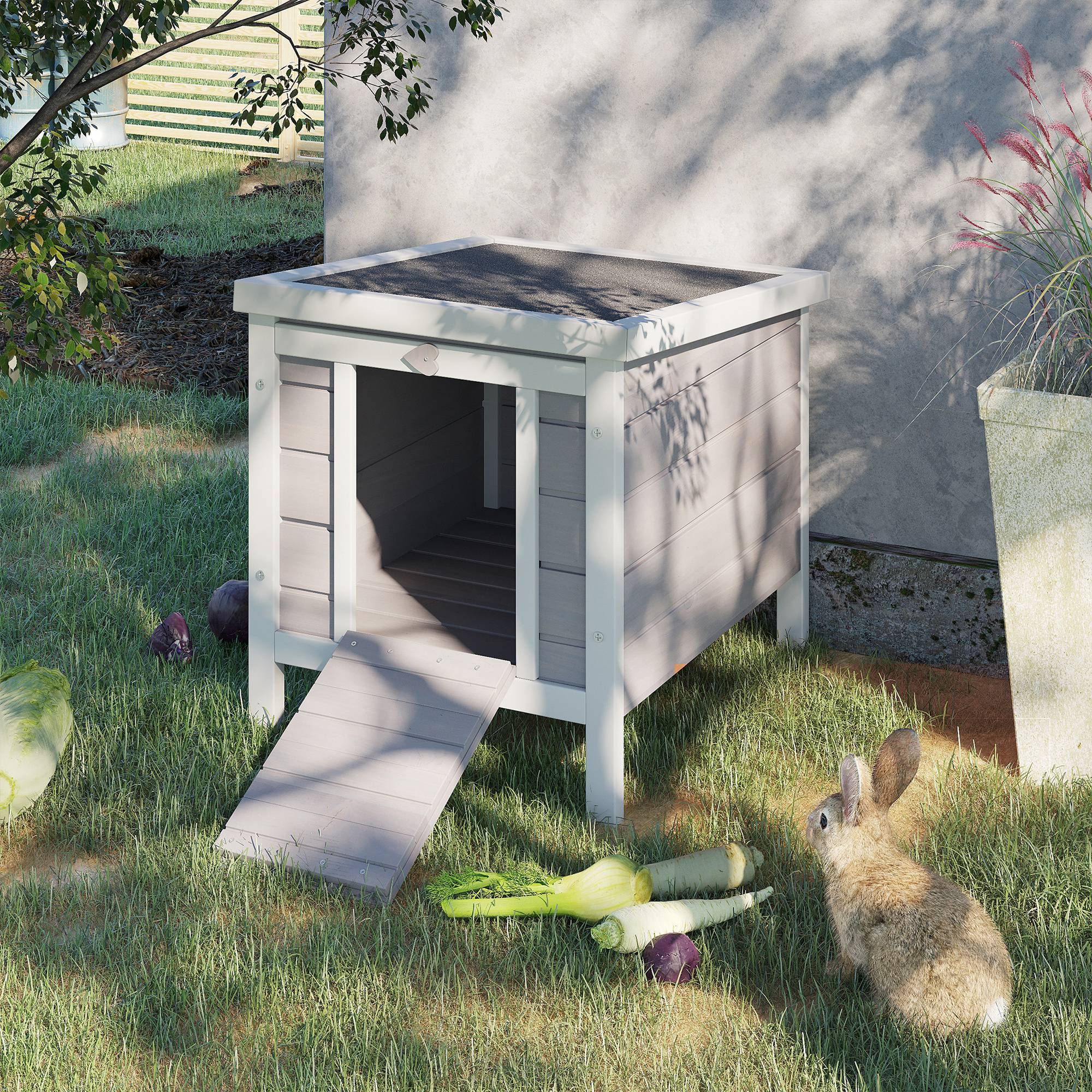 PawHut Wooden Rabbit Hutch Outdoor, Guinea Pig Hutch, Rabbit Hideaway, Cat House, Bunny Cage Small Animal House 51 x 42 x 43 cm, Grey